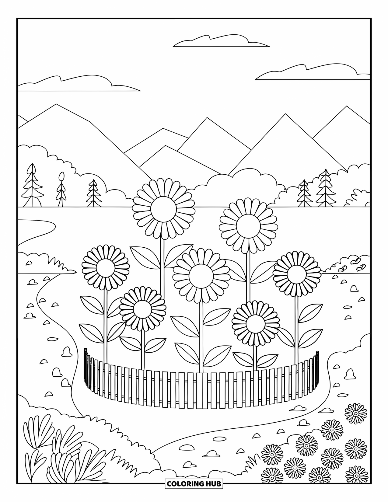 Flower Garden Coloring Page for Kids: Five bold sunflowers stand tall near a wooden fence and a few scattered rocks