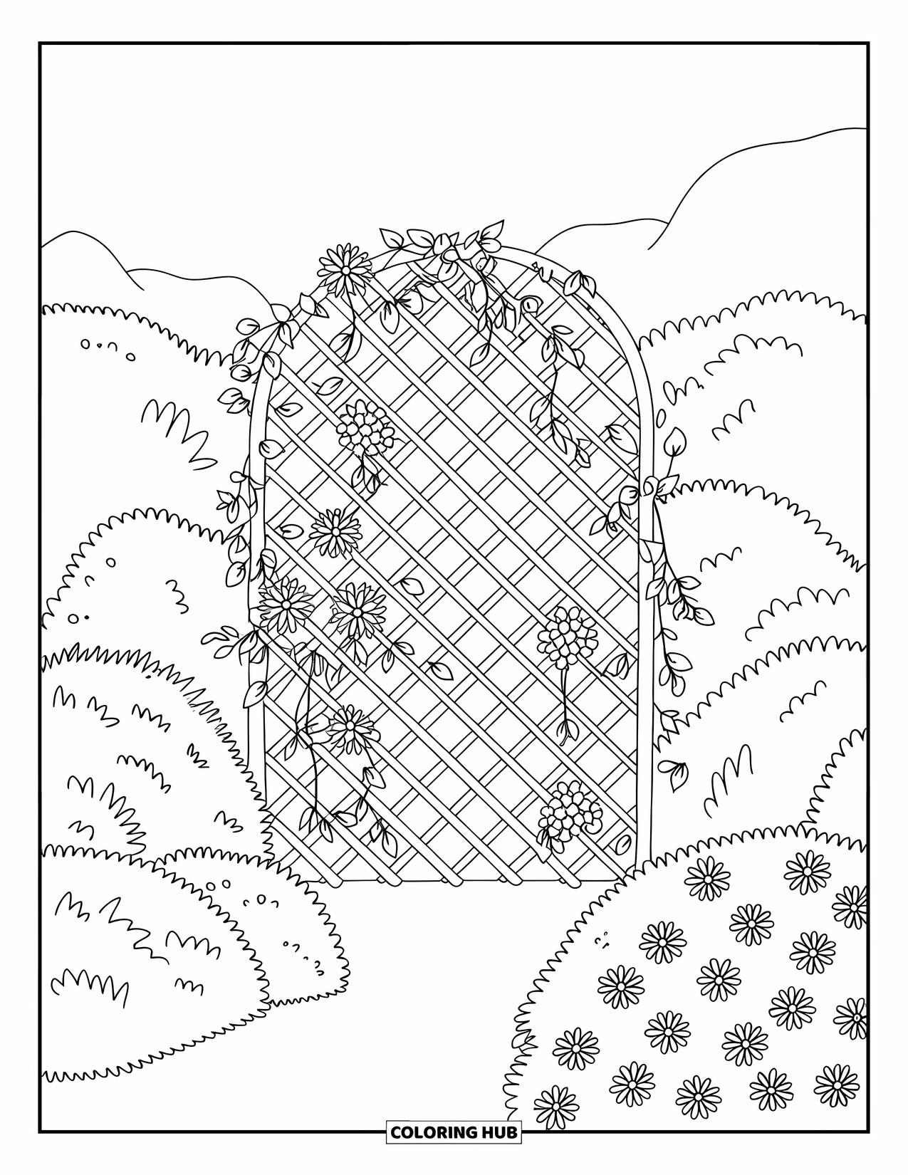 Flower Garden Coloring Page for Kids: Flower-covered trellis sits among bushes and vines in a quiet garden