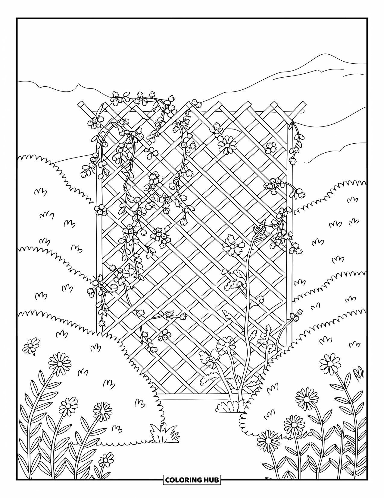 Flower Garden Coloring Page for Kids: Flower-covered trellis stands in a peaceful garden surrounded by bushes