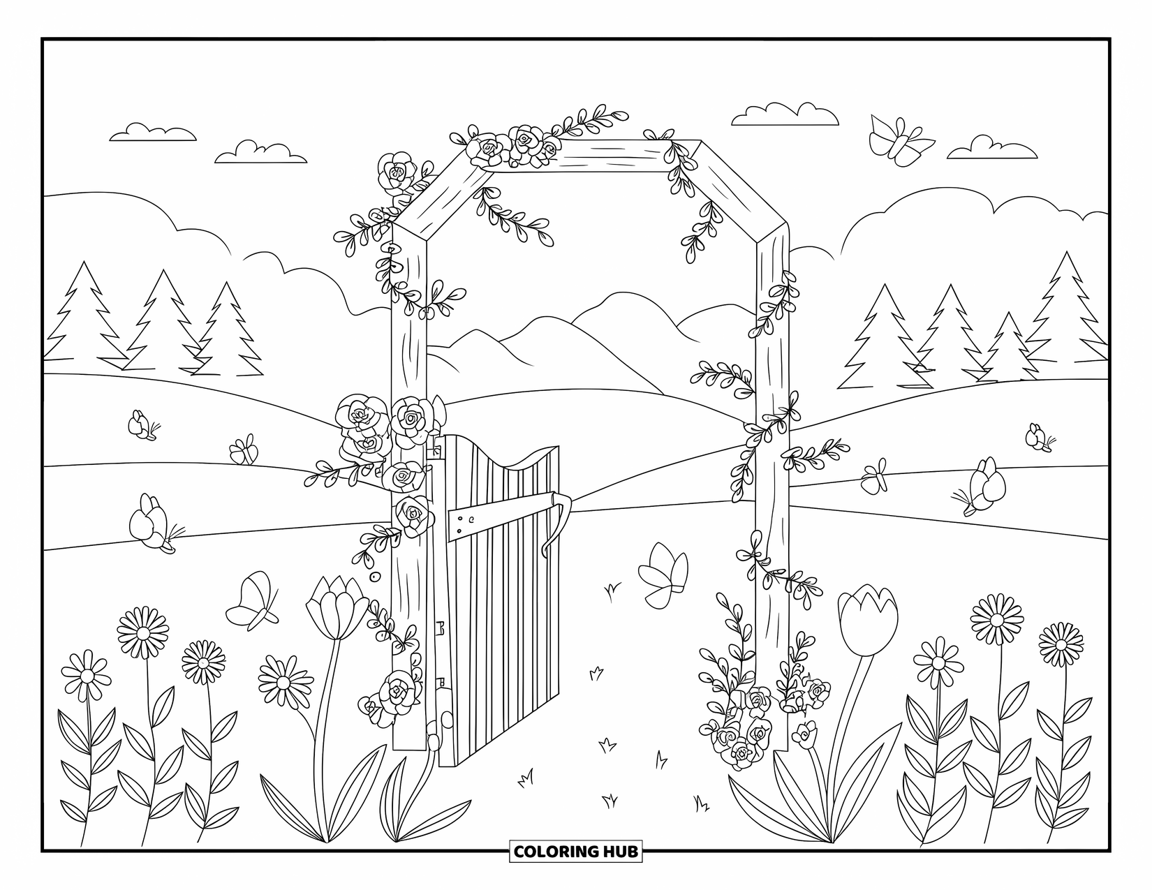 Flower Garden Coloring Page for Kids: Flower garden by a gate features butterflies and vines among the blooms