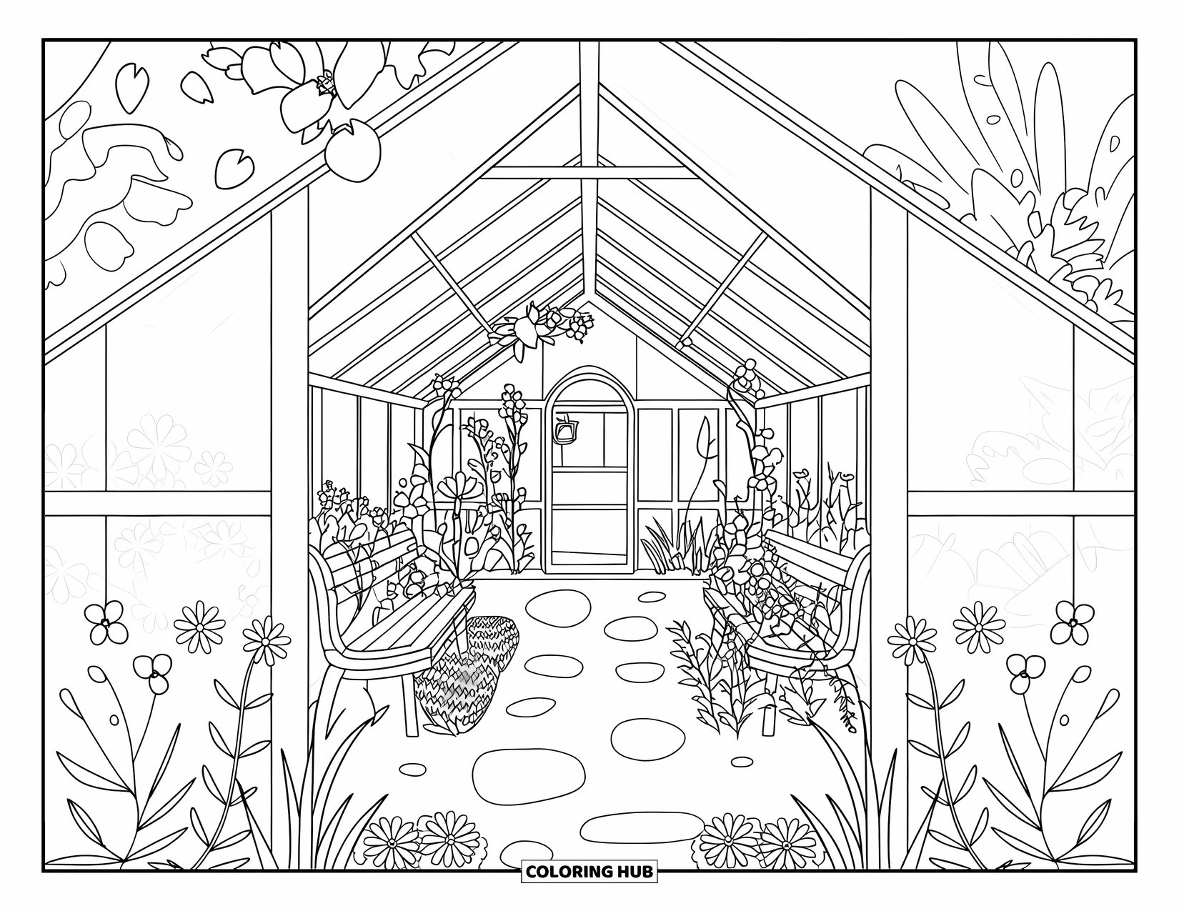 Flower Garden Coloring Page for Kids: Garden view through a greenhouse with benches and a path lined with flowers