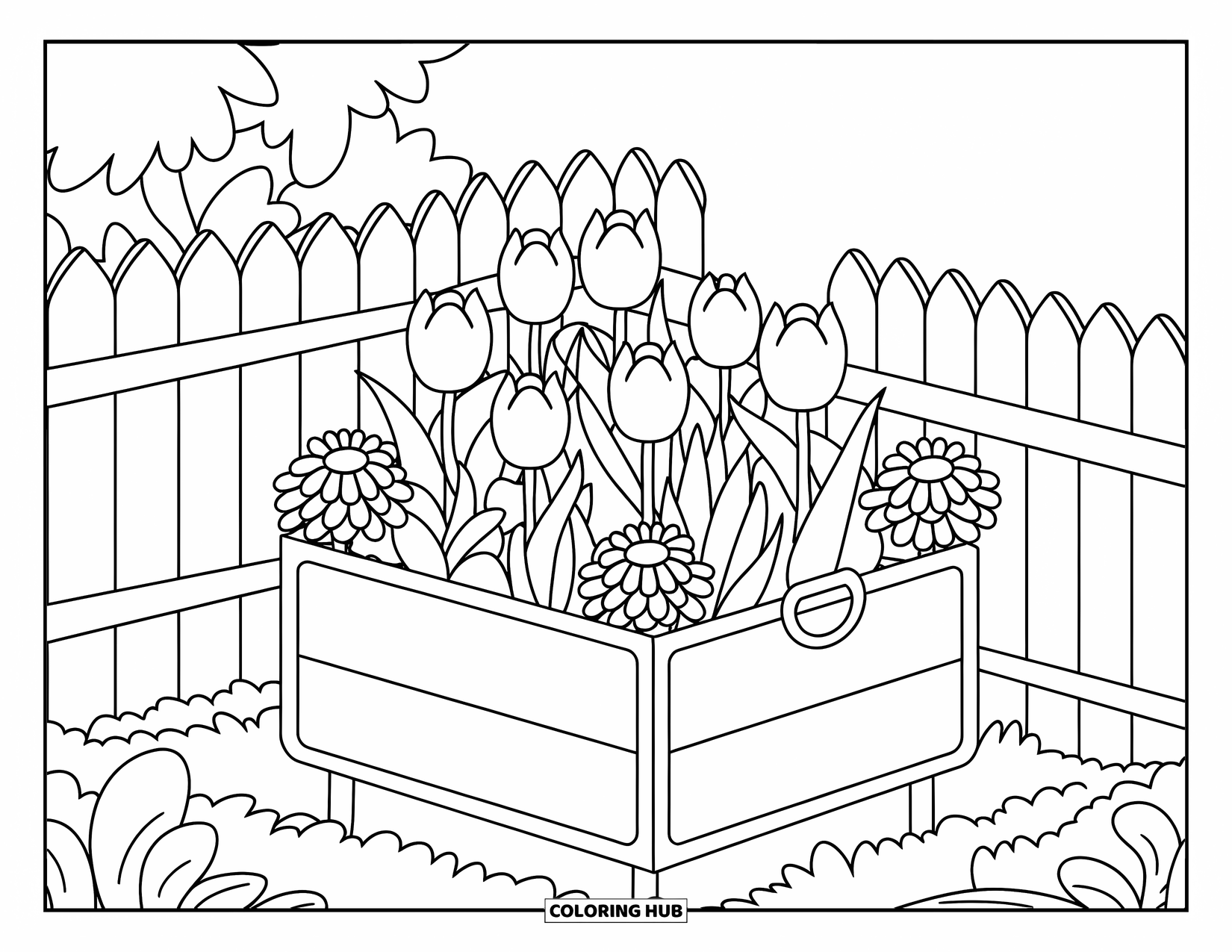 Flower Garden Coloring Page for Kids: Patterned garden box holds tulips and marigolds near a low fence