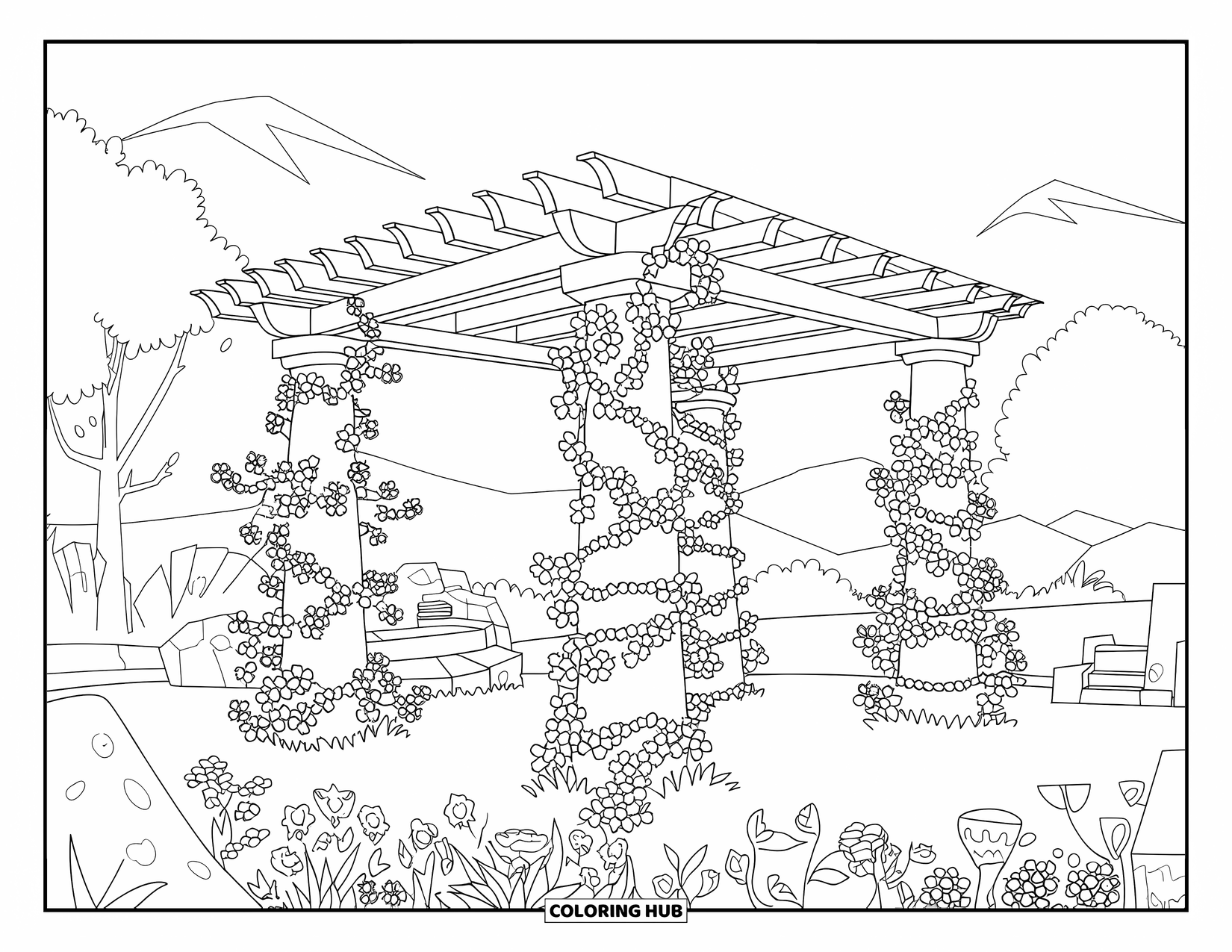 Flower Garden Coloring Page for Kids: Pergola with climbing flowers stands in a peaceful flower garden under clear skies