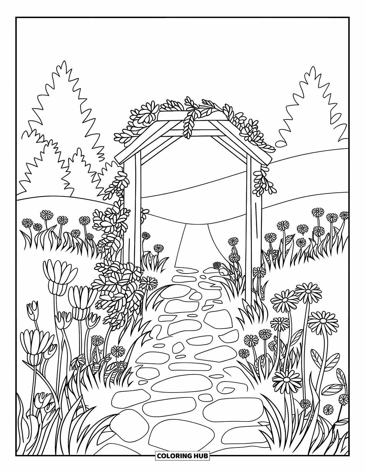 Flower Garden Coloring Page for Kids: Stone path winds through blooming flowers under a wooden arch