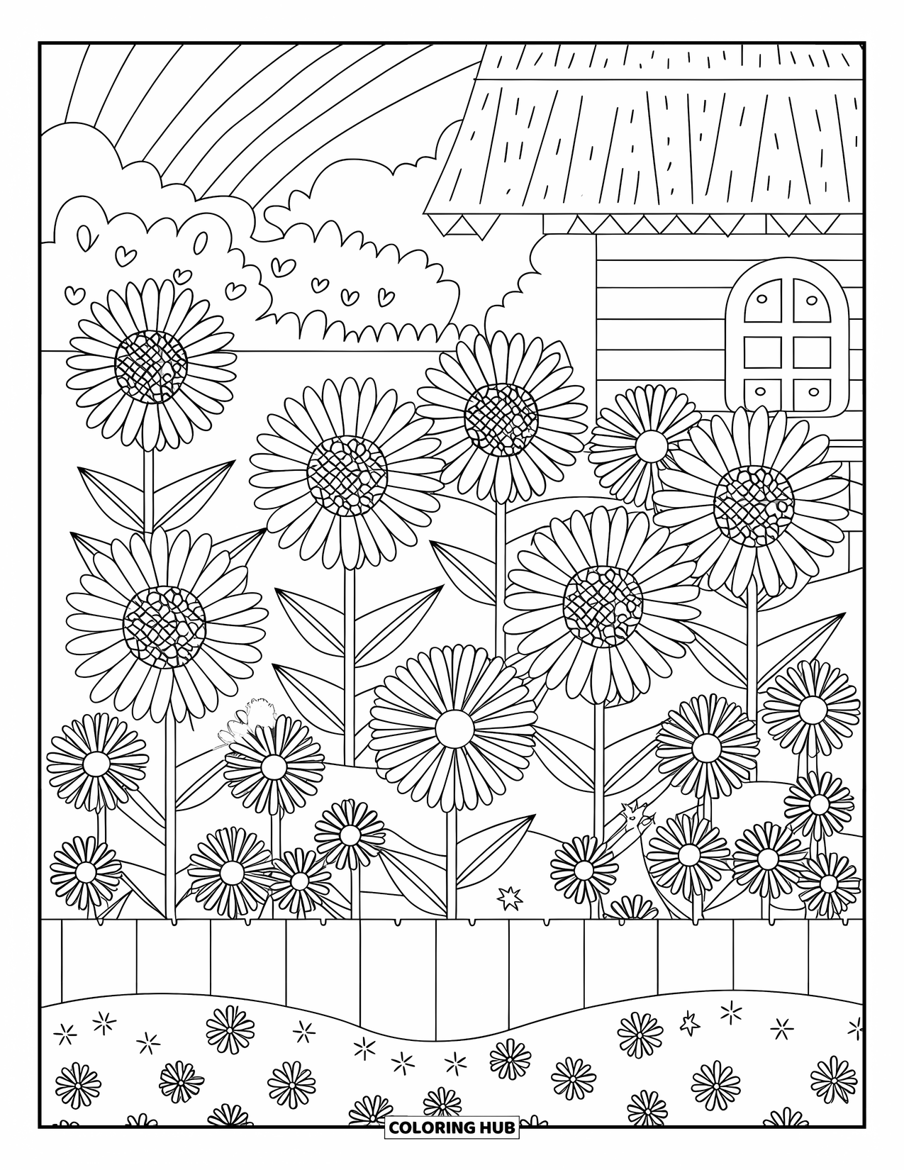 Flower Garden Coloring Page for Kids: Sunflowers and daisies bloom in rows behind a fence and cozy cottage