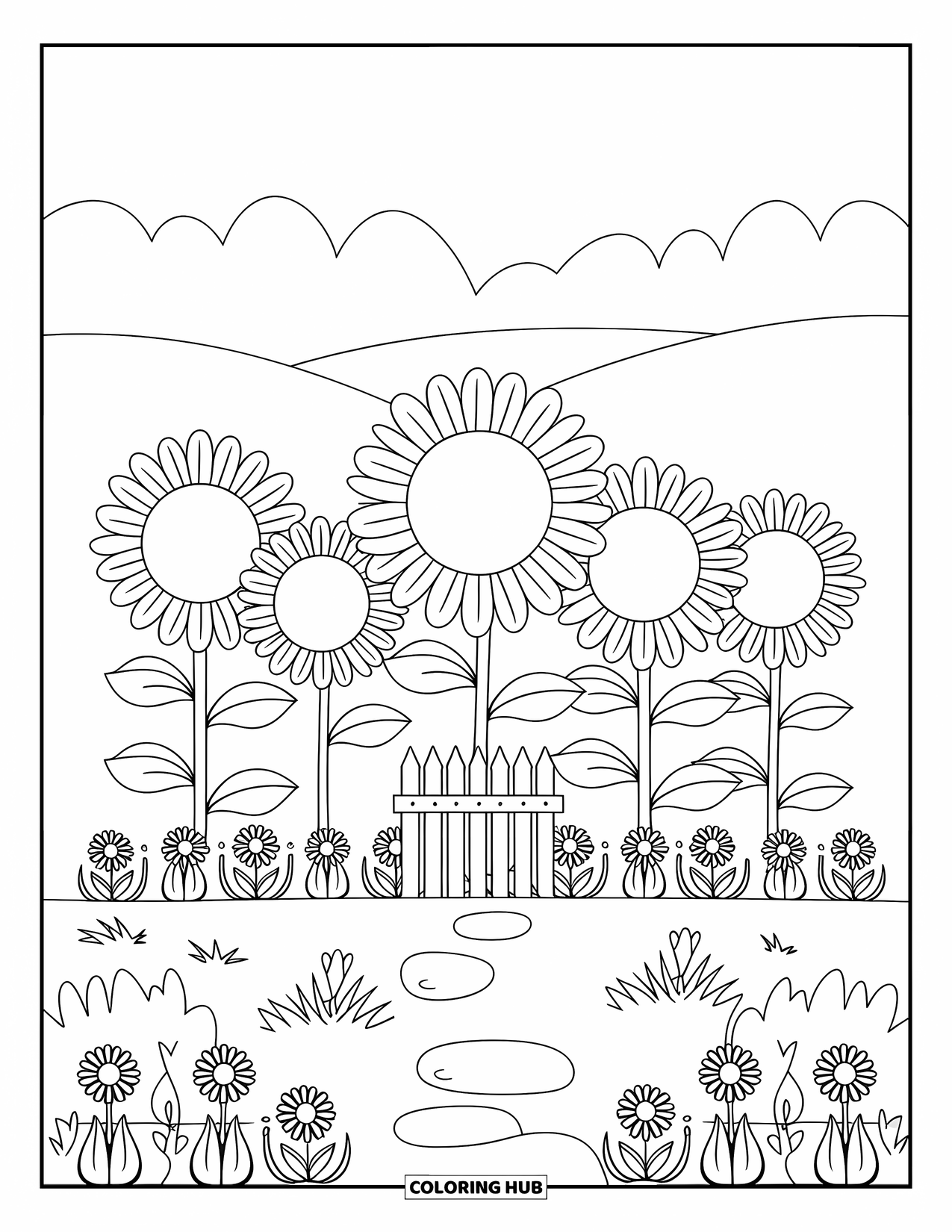 Flower Garden Coloring Page for Kids: Sunflowers with smiling faces bloom beside a path and tiny fence