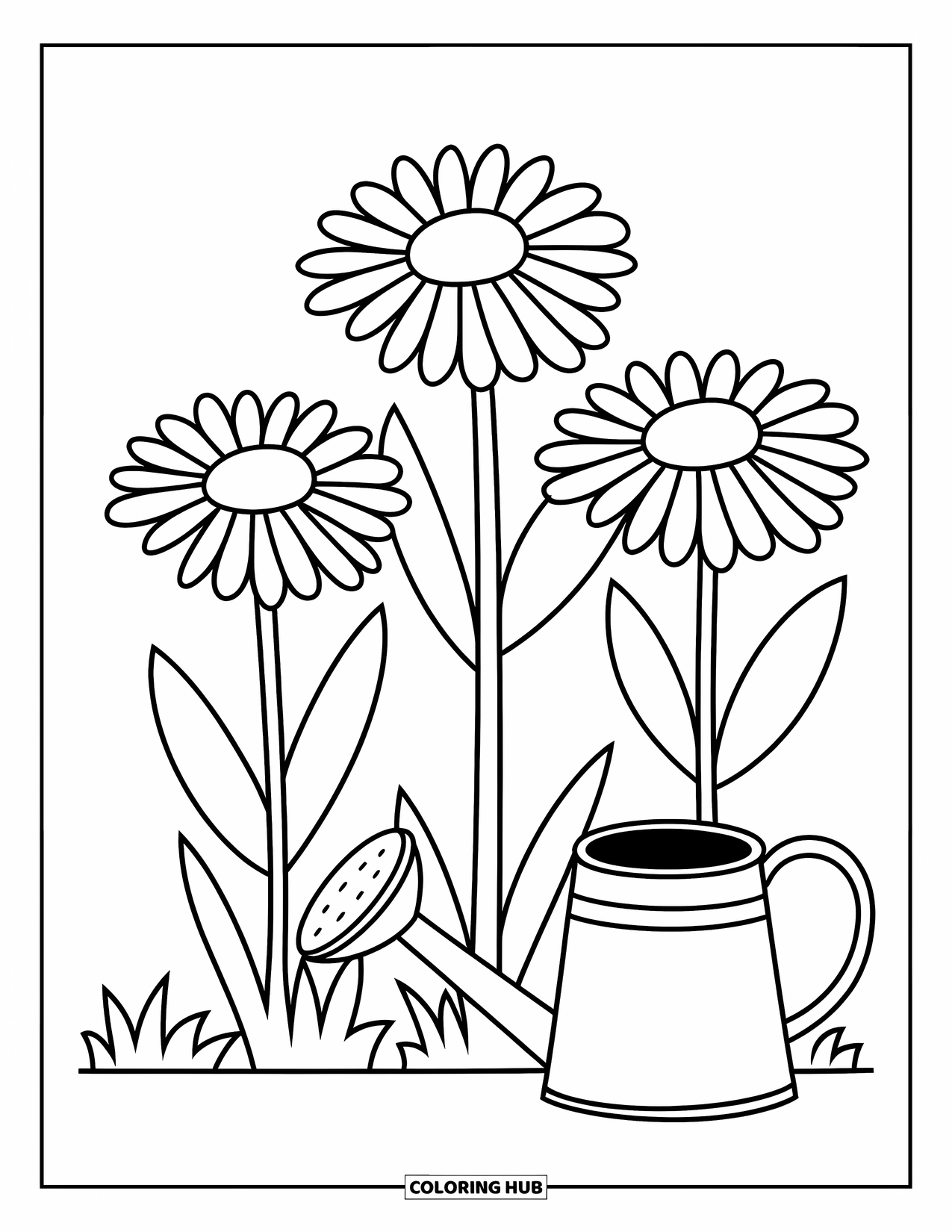 Flower Garden Coloring Page for Kids: Three giant daisies bloom beside a watering can in a cute garden