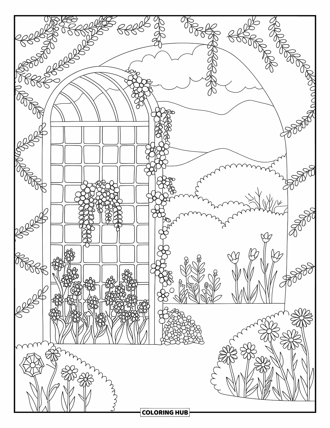 Flower Garden Coloring Page for Kids: Trellis with blooming vines stands in a garden surrounded by mountains and trees
