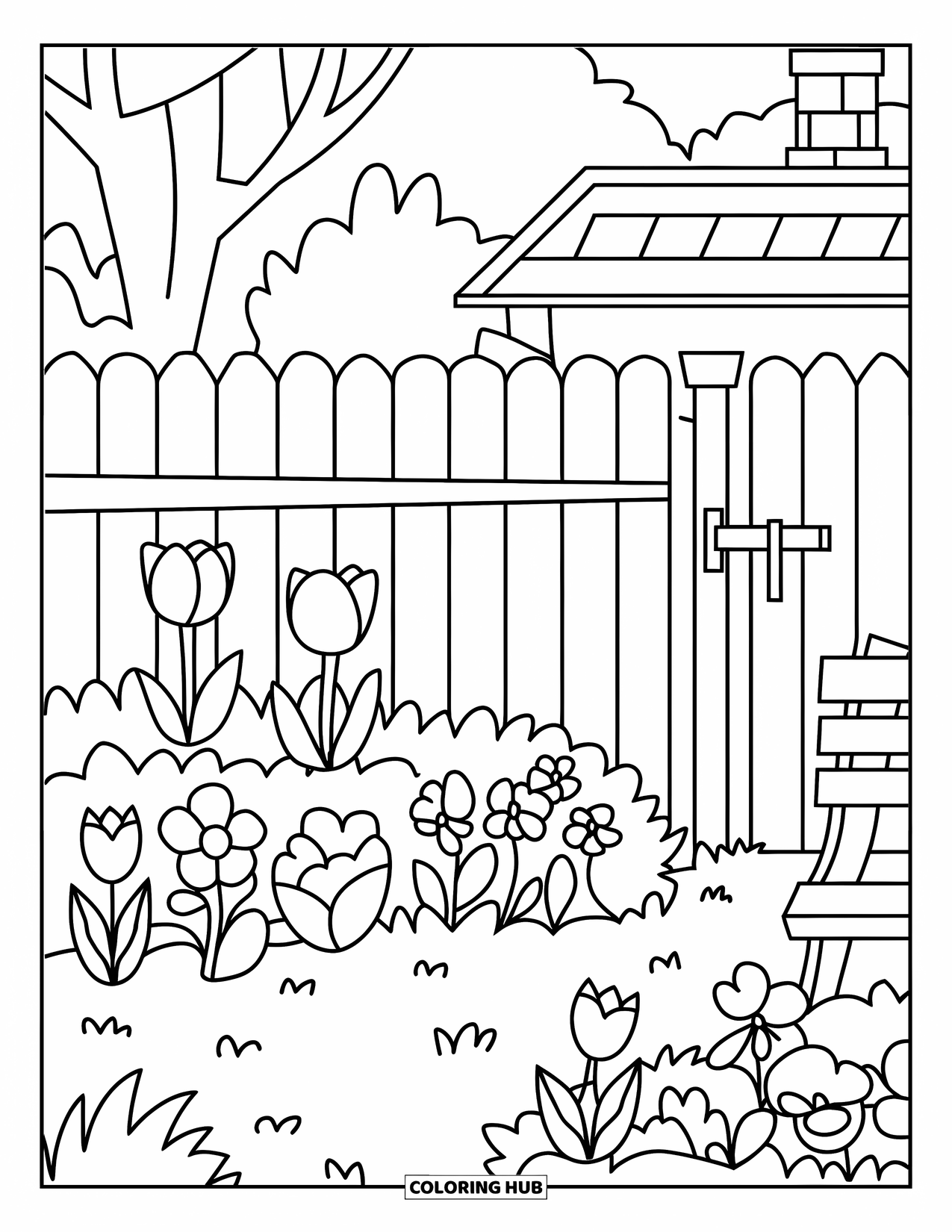 Flower Garden Coloring Page for Kids: Tulip and pansy garden with a wooden bench and cozy cottage in the background