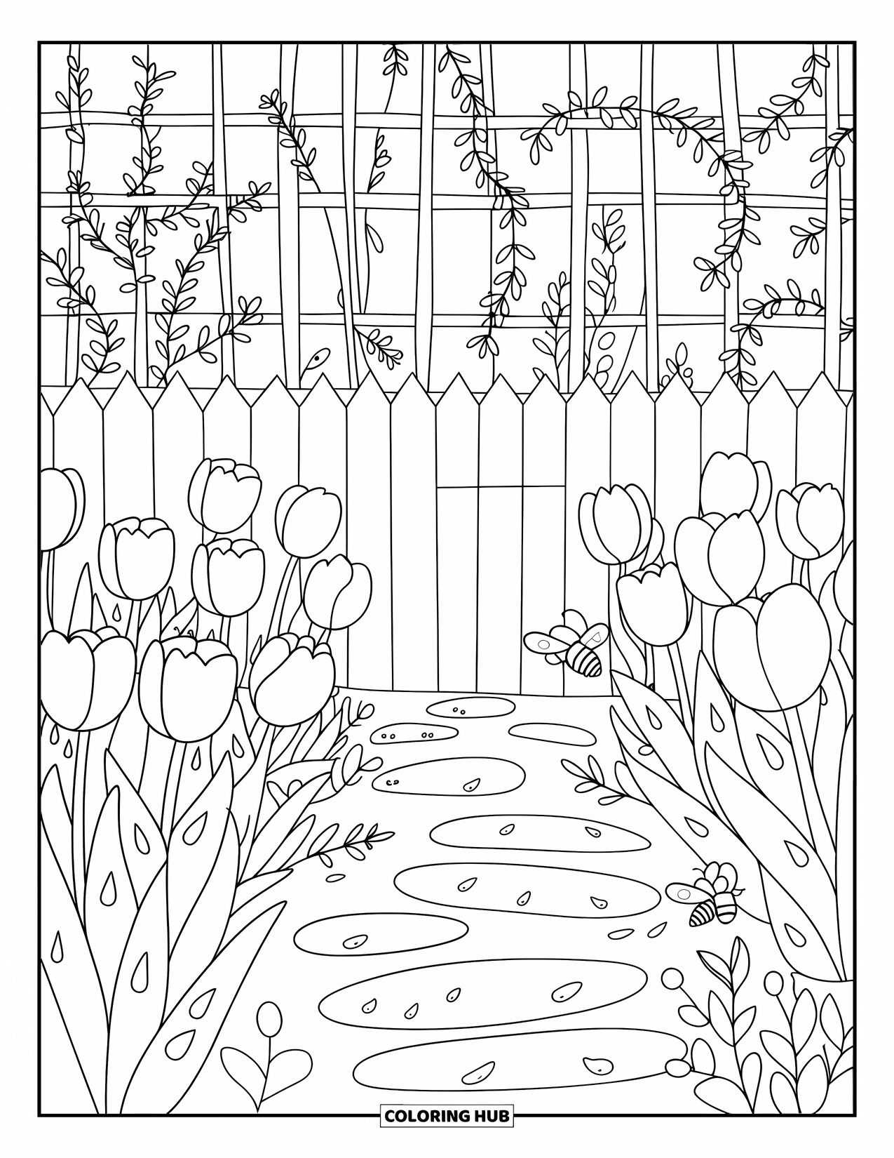 Flower Garden Coloring Page for Kids: Tulips grow beside a round path near a trellis and buzzing bees