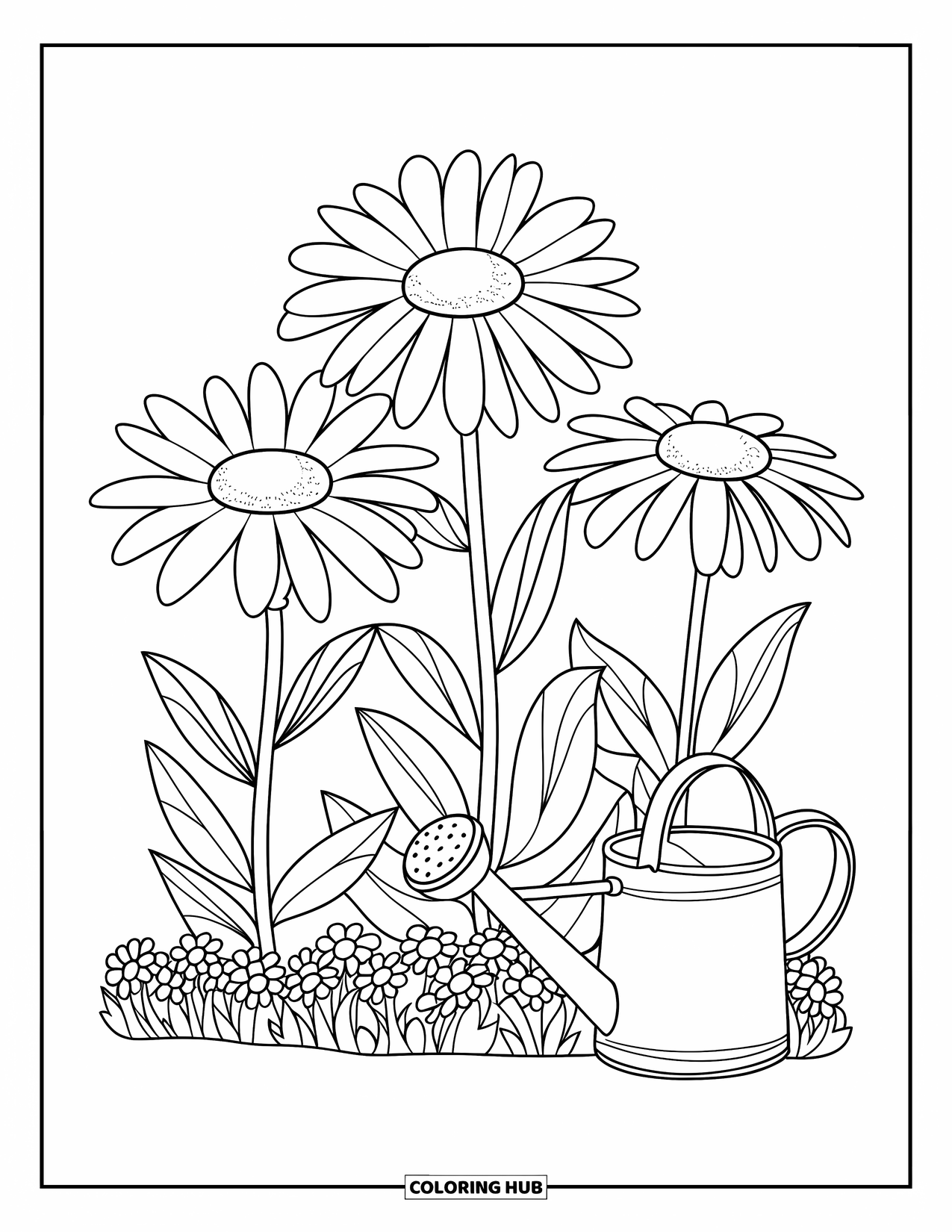 Flower Garden Coloring Page for Kids: Watering can rests beside three big daisies in a simple garden