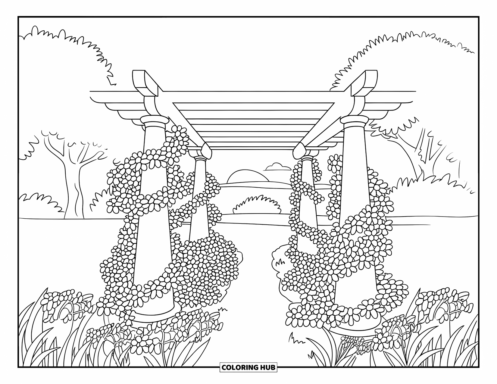 Flower Garden Coloring Page for Kids: Wooden pergola wrapped in flowers sits in a sunny garden with trees in the distance