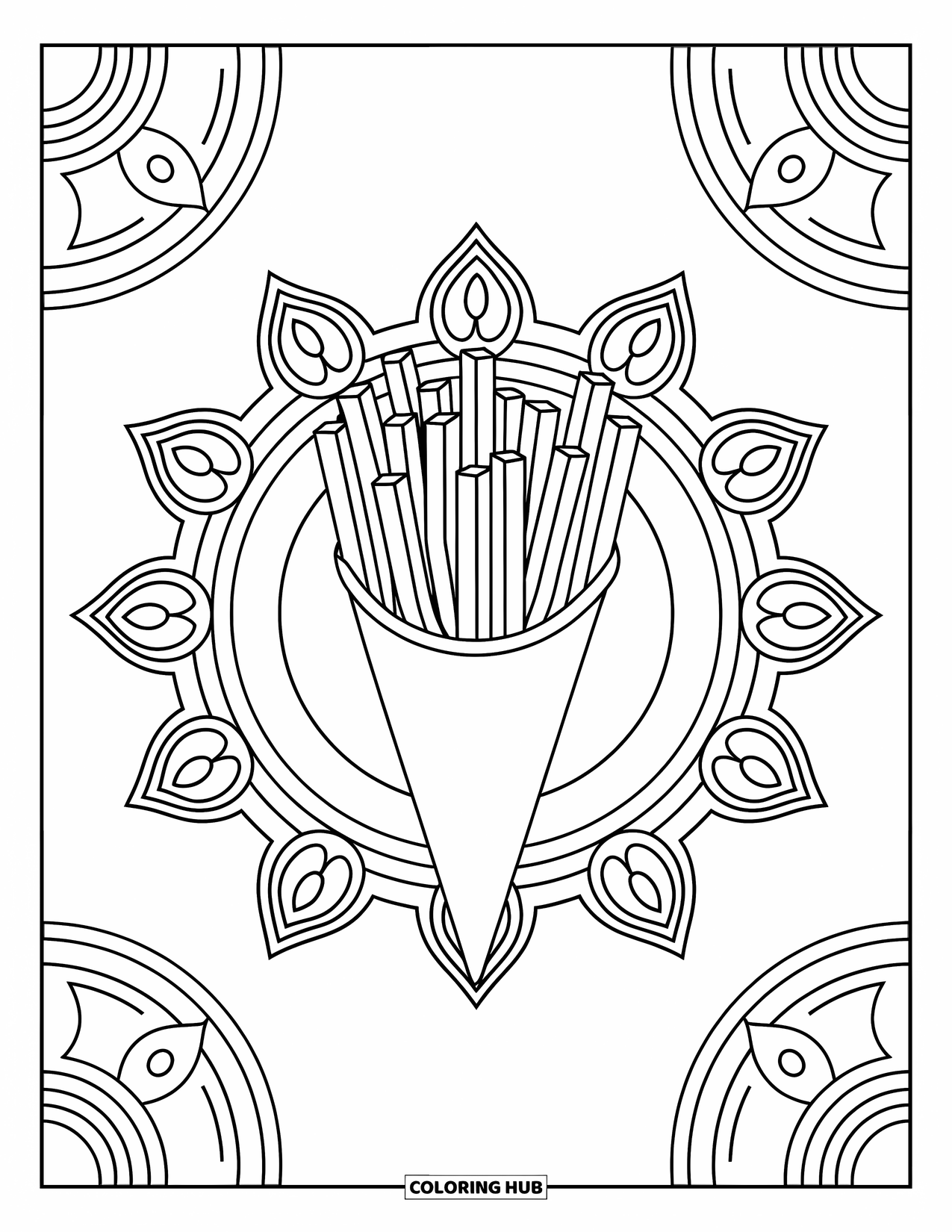 French Fries Coloring Page for Adults: A cone of fries sits in the center of detailed symmetrical mandala patterns