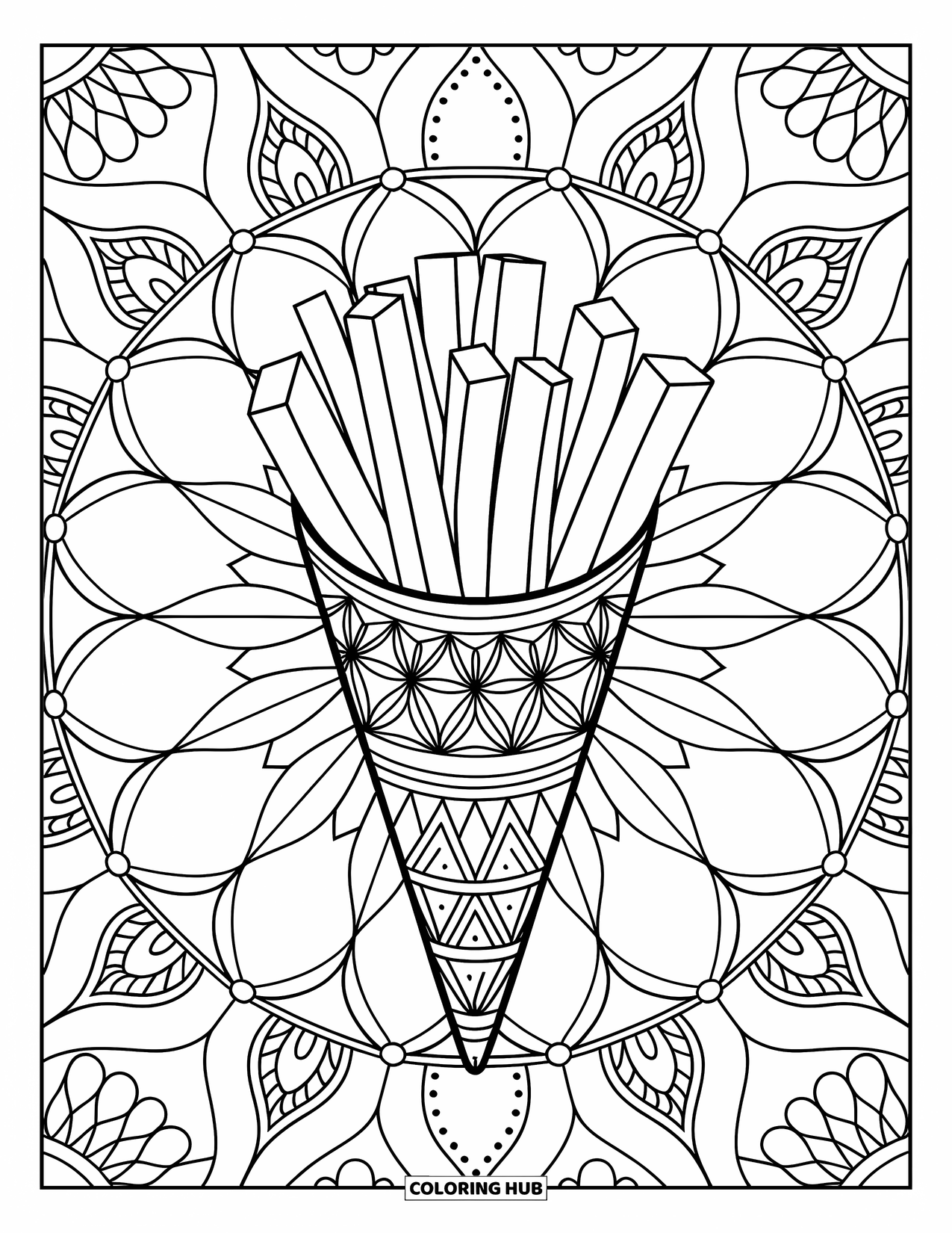 French Fries Coloring Page for Adults: A mandala-patterned cone filled with fries sits among cozy symmetrical shapes