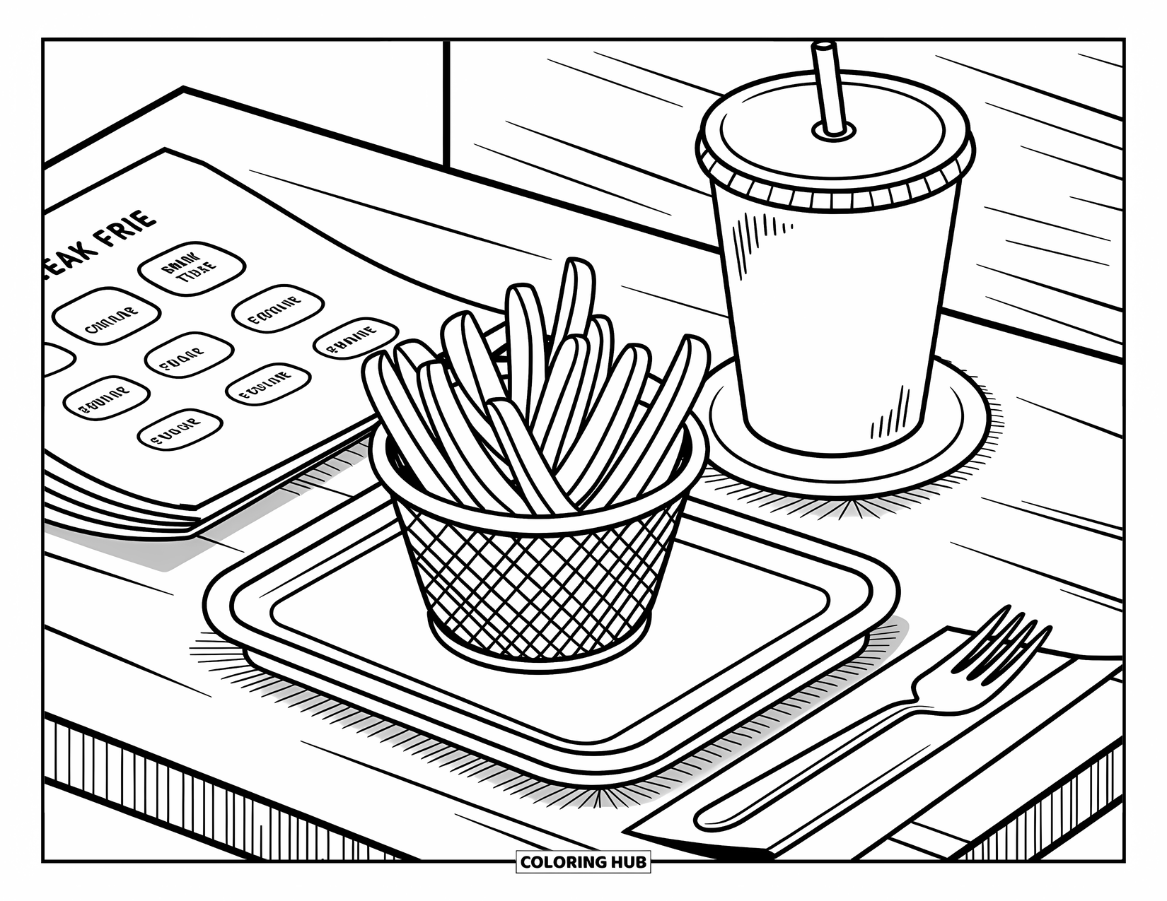 French Fries Coloring Page for Adults: A mini tray with steak fries, a drink, and menu sits in a cozy café setting
