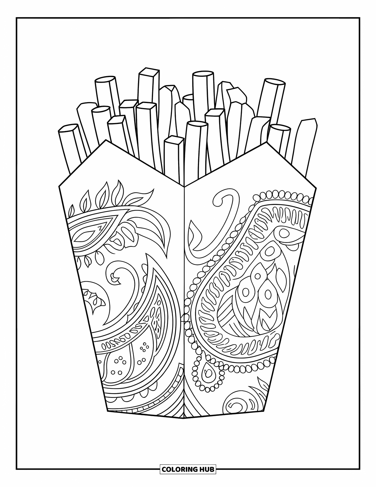 French Fries Coloring Page for Adults: A paisley-wrapped takeout box overflows with fries in a crisp, artistic layout