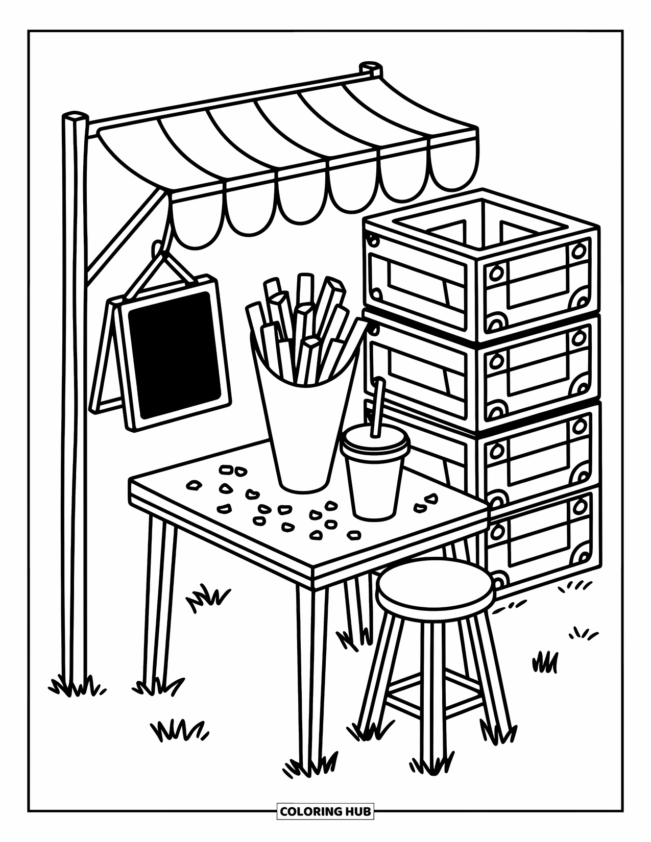 French Fries Coloring Page for Adults: A tiny fry stall with a rustic table, fries, drink, and chalkboard menu looks cozy