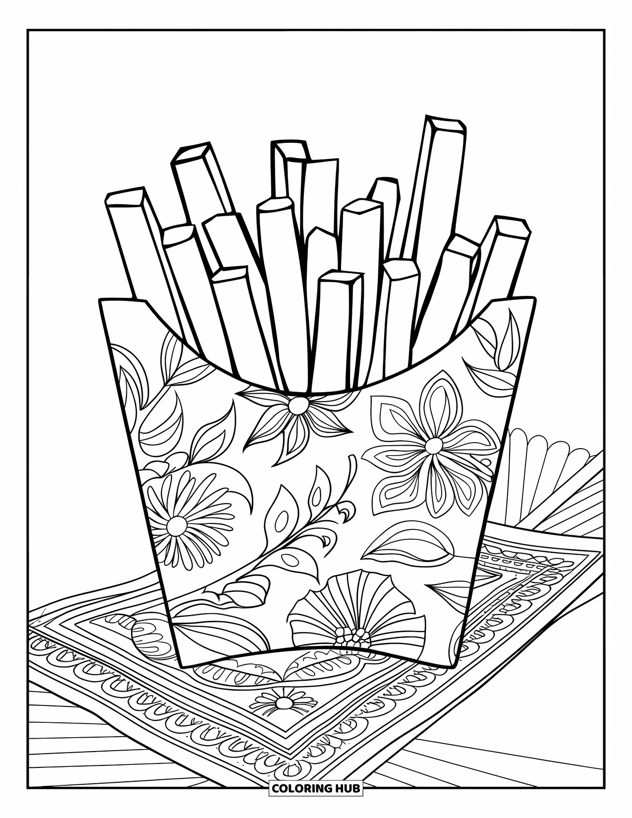 French Fries Coloring Page for Adults: A tray of floral fries rests on an intricate napkin in a clean layout