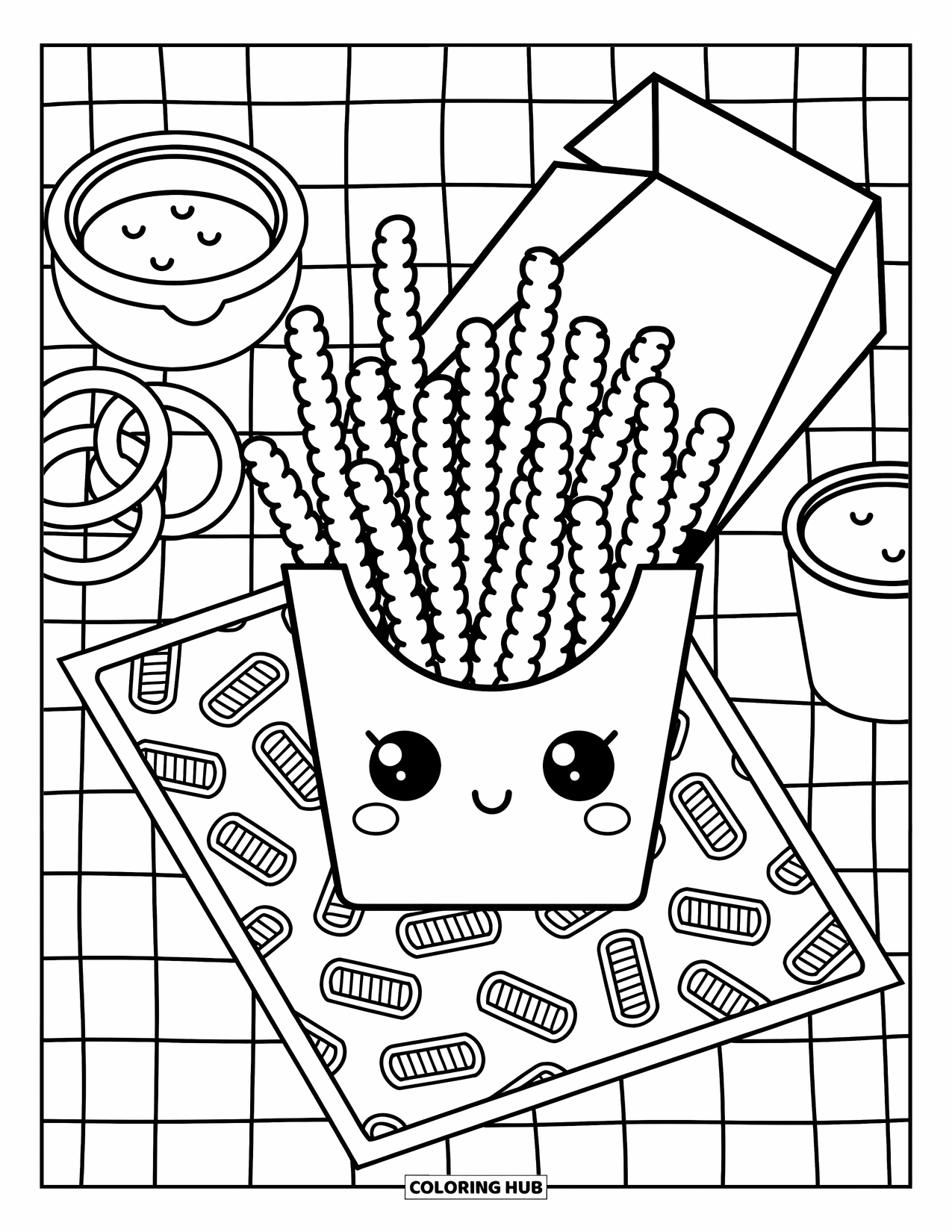 French Fries Coloring Page for Adults: Curly fries, tiny rings, and sauces rest on a placemat with doodle fry designs