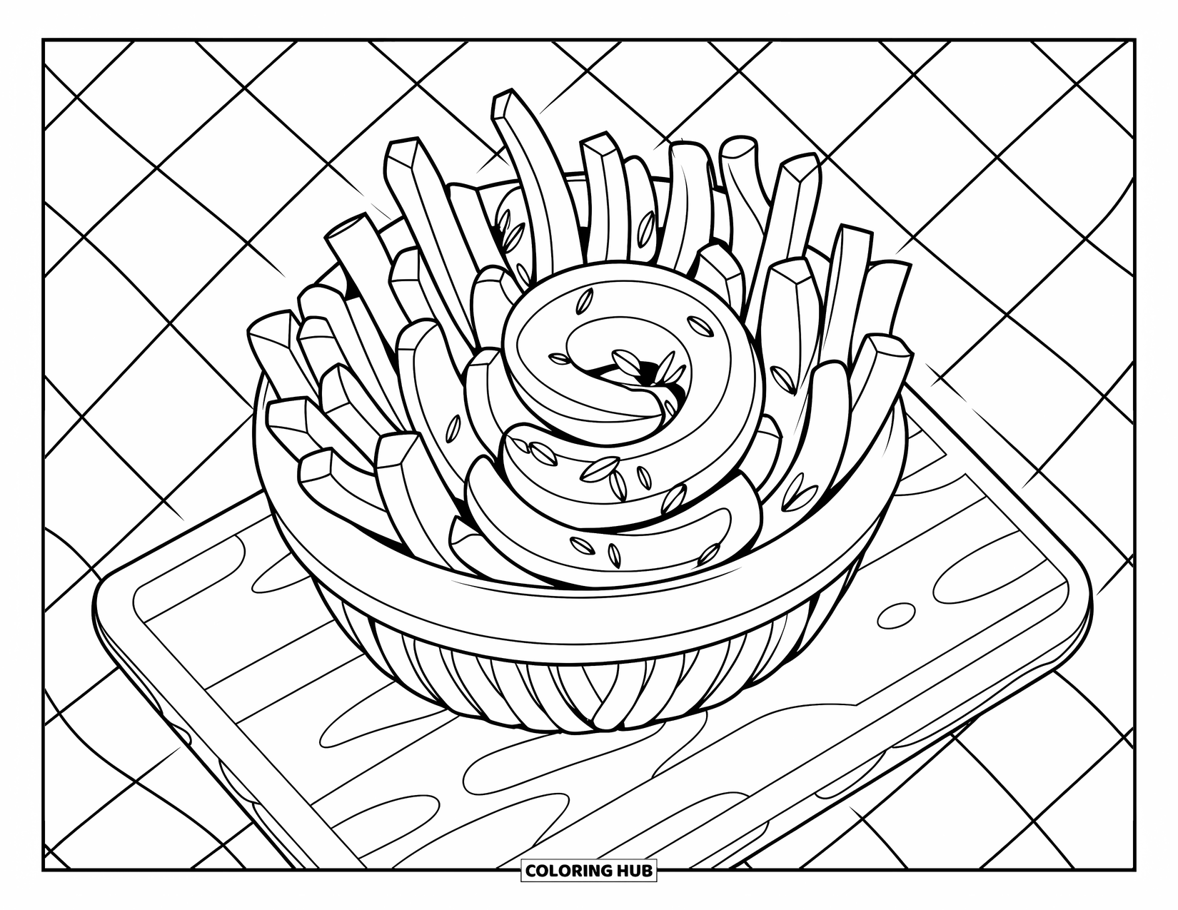 French Fries Coloring Page for Adults: Curly fries with herbs arranged in a spiral inside a cozy basket