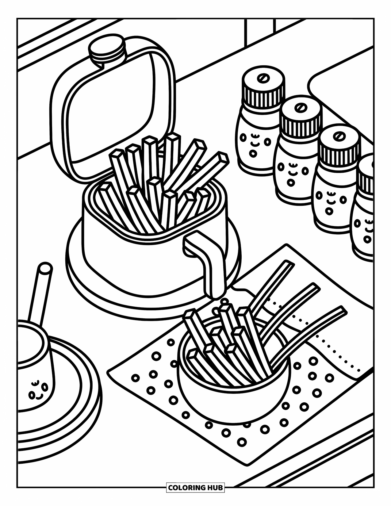 French Fries Coloring Page for Adults: Cute fries cook in a fryer while spices and paper towels fill a cozy counter