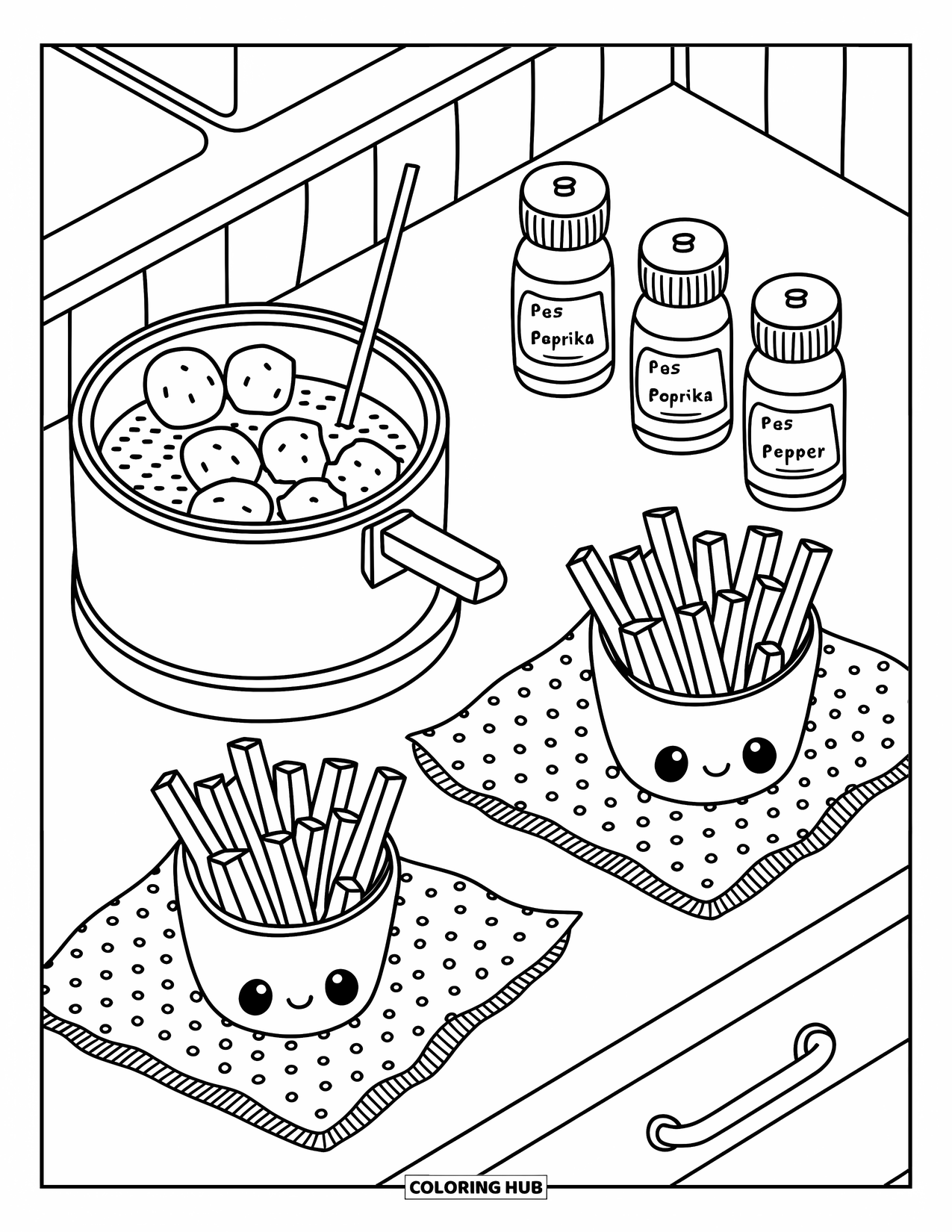 French Fries Coloring Page for Adults: Fries bubble in a mini fryer while spices and paper towels sit neatly nearby