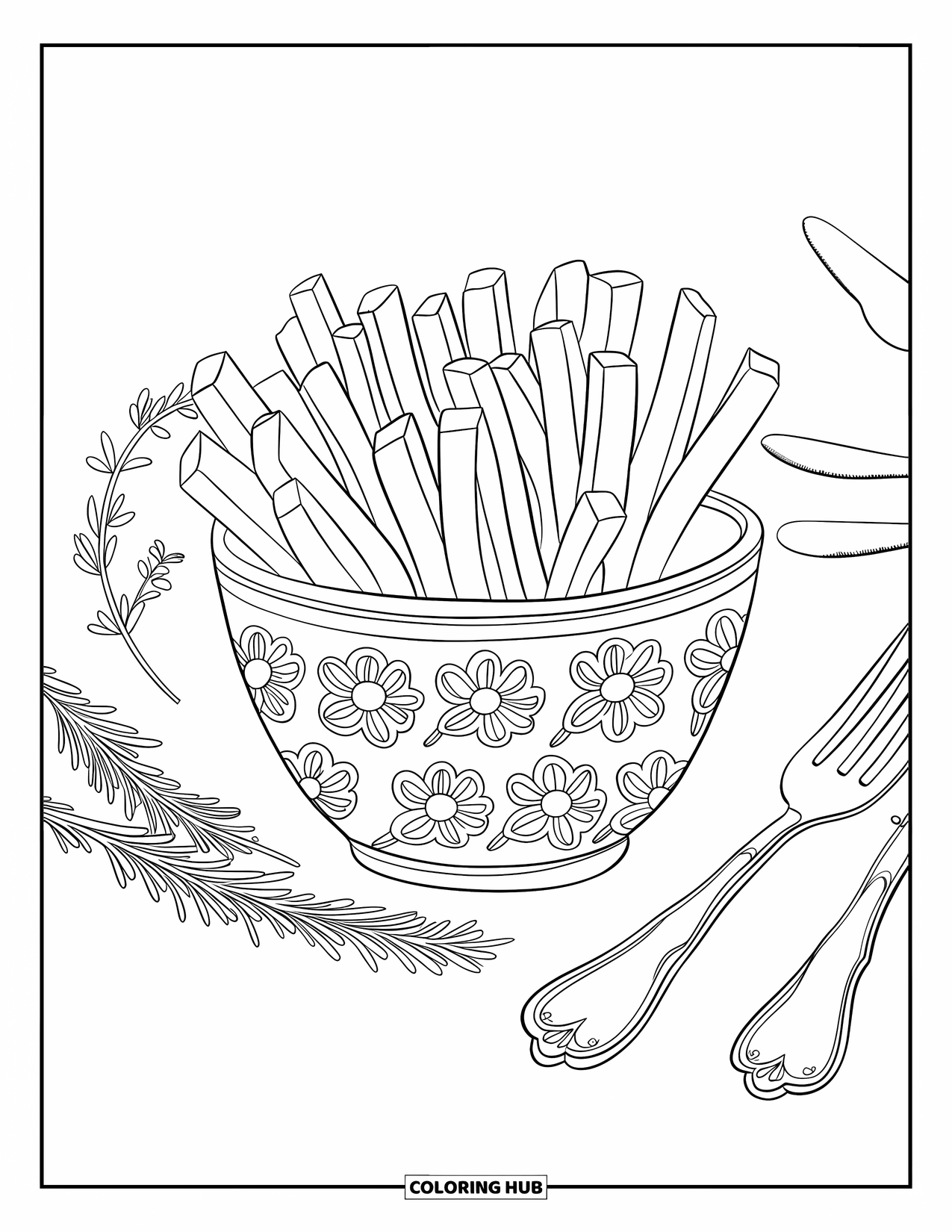 French Fries Coloring Page for Adults: Gourmet fries in a floral bowl surrounded by herbs and utensils