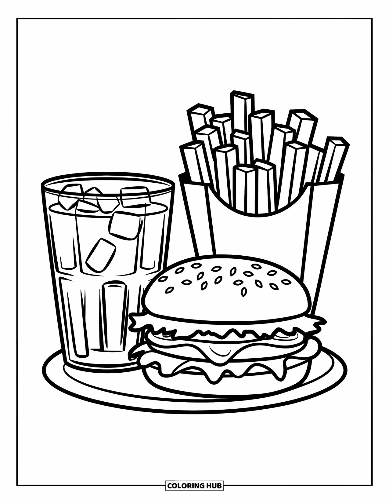 French Fries Coloring Page for Kids: A burger, soda, and fries combo meal is displayed in a neat layout