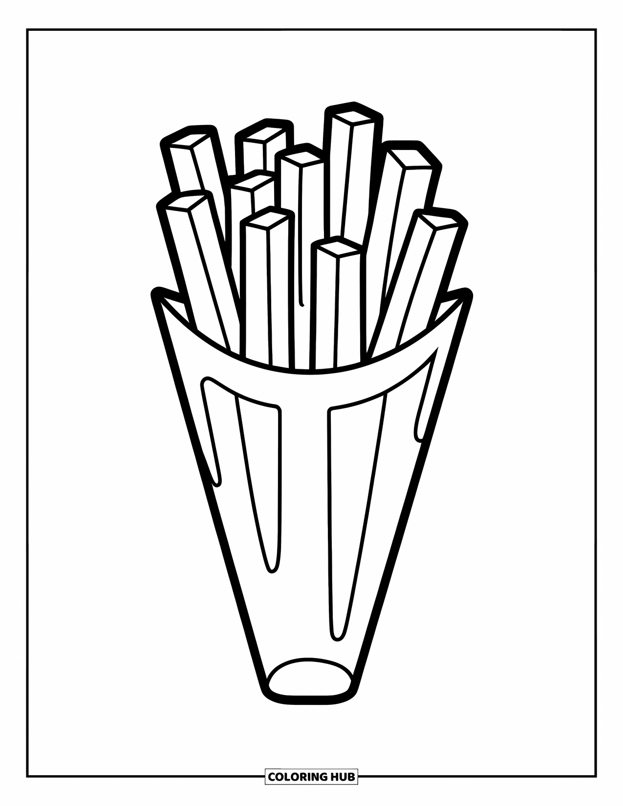 French Fries Coloring Page for Kids: A cheerful cone-shaped holder overflows with wide fries for easy preschool coloring
