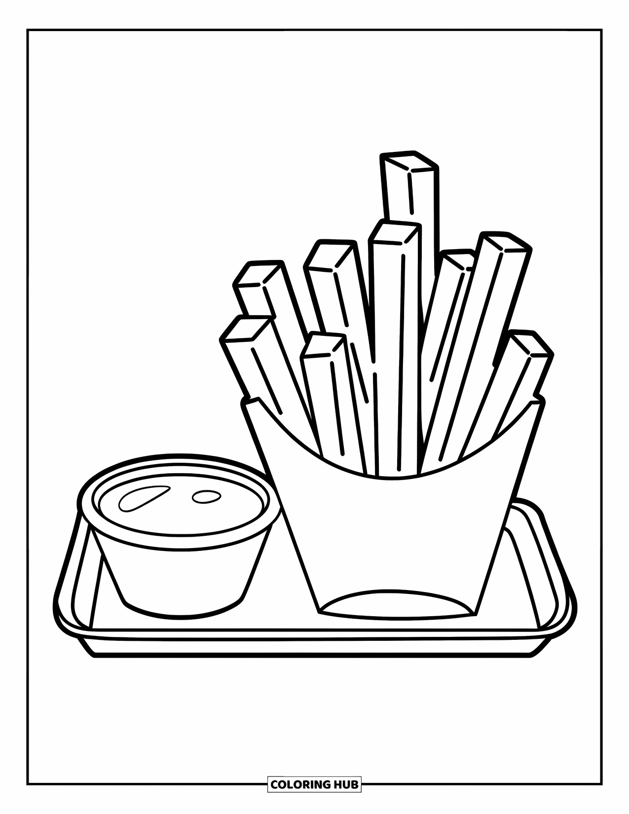 French Fries Coloring Page for Kids: A clean tray of thick-cut fries sits next to a round dipping cup