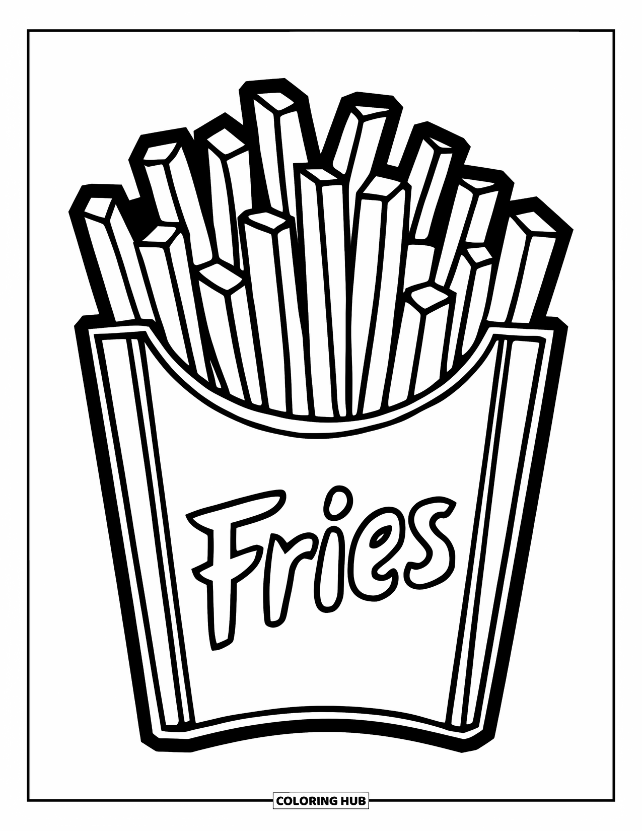 French Fries Coloring Page for Kids: A cute cartoon fry container with "Fries" text shows off its crispy contents