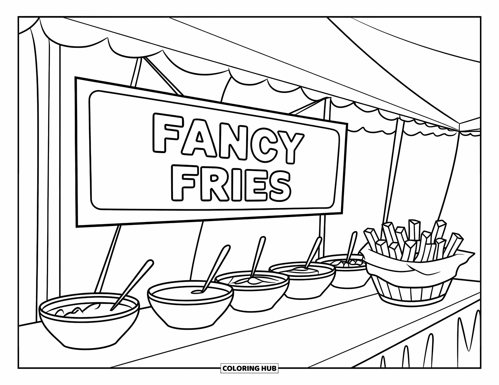 French Fries Coloring Page for Kids: A food booth labeled "Fancy Fries" displays fries and dips under a white tent
