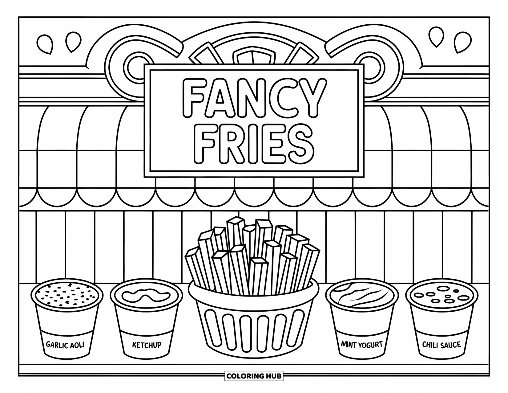 French Fries Coloring Page for Kids: A fun booth labeled "Fancy Fries" shows off dips like garlic aioli and chili sauce