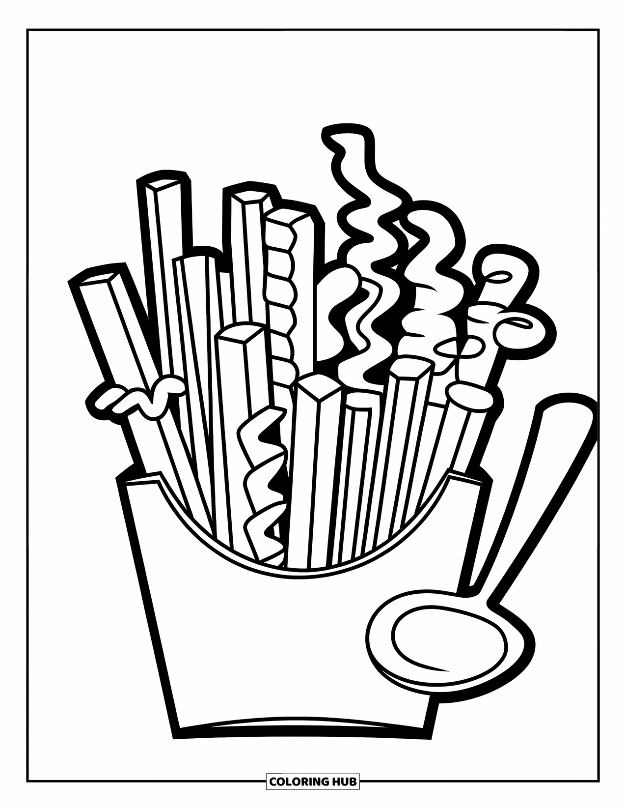 French Fries Coloring Page for Kids: A fun fry box with straight, crinkle, and curly fries arranged in a circle