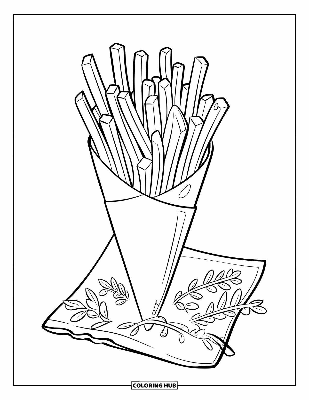 French Fries Coloring Page for Kids: A high stack of fries in a cone rests on a napkin with fresh herbs