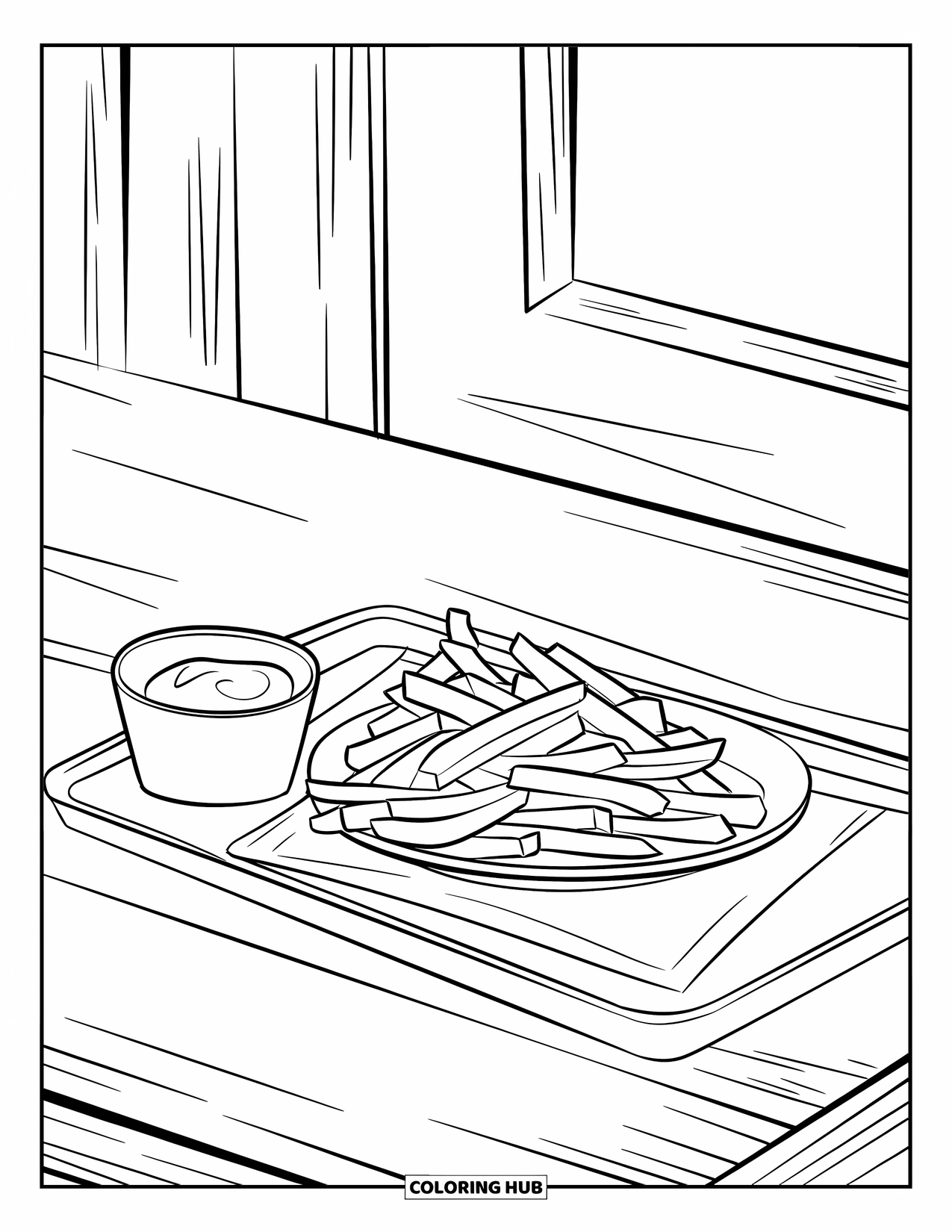 French Fries Coloring Page for Kids: A modern café tray with fries and dip sits on a wooden table