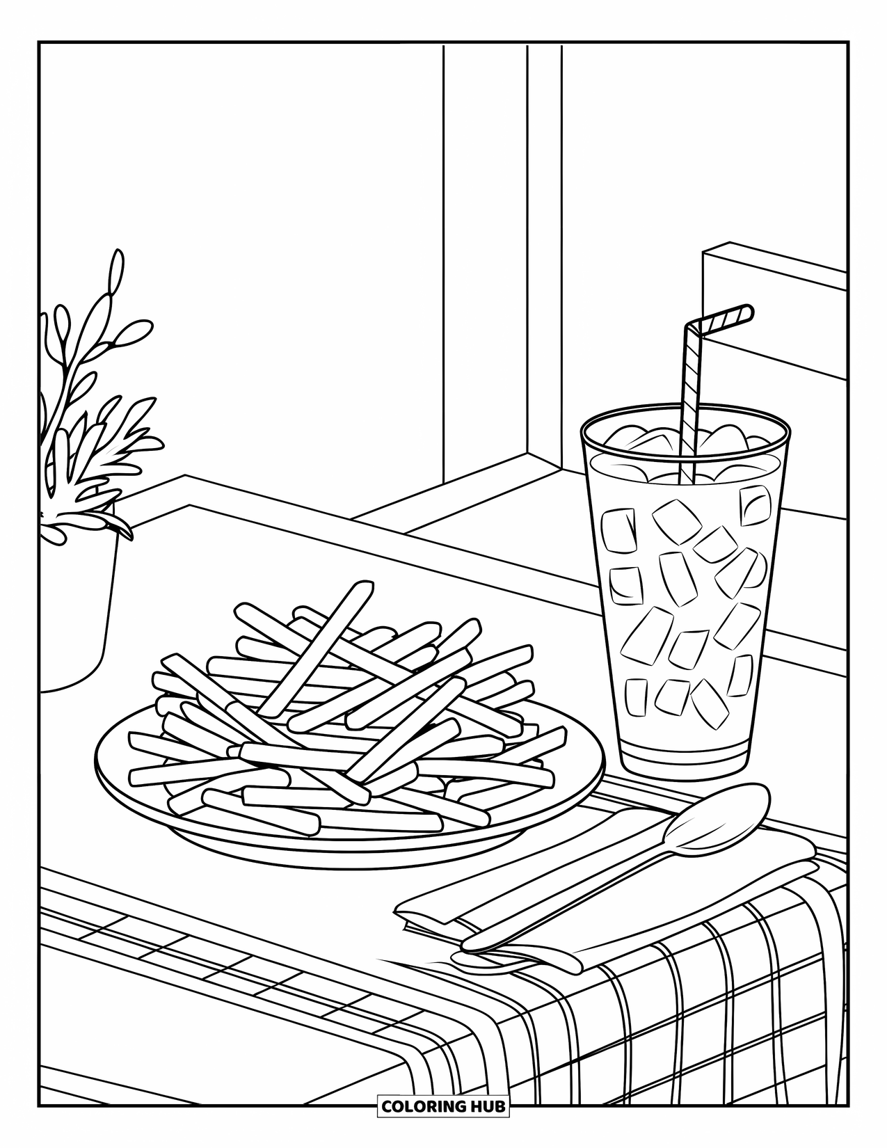French Fries Coloring Page for Kids: A plate of fries, iced drink, and napkin sits on a checkered restaurant table