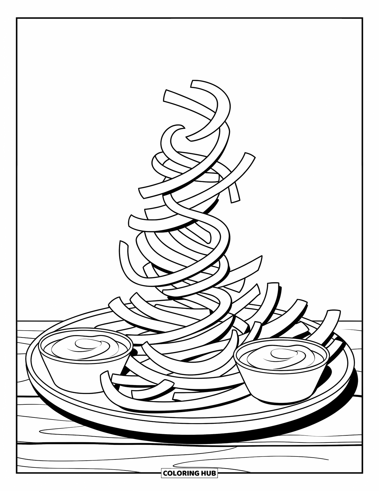 French Fries Coloring Page for Kids: A plate of spiral curly fries comes with ketchup, mustard, and mayo