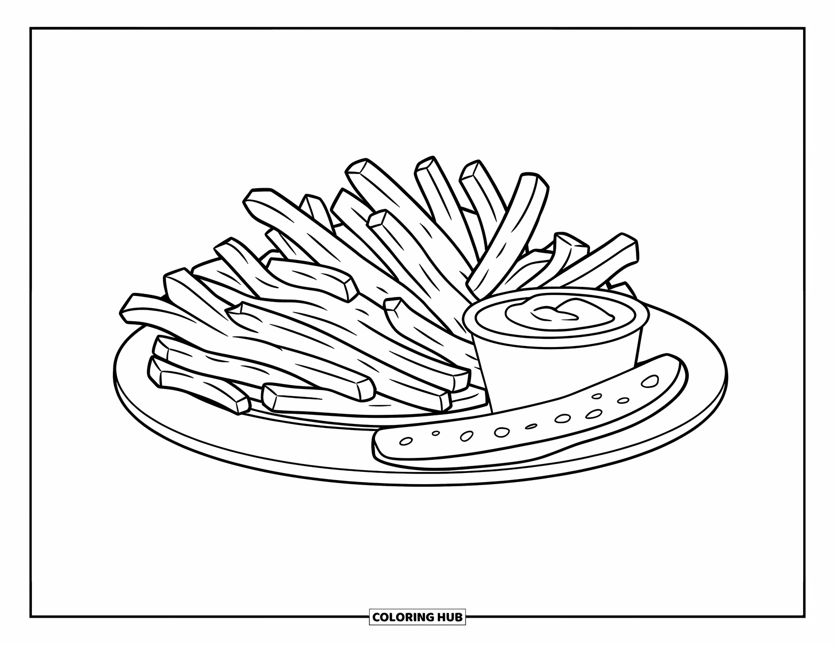 French Fries Coloring Page for Kids: A plate with fries, ketchup, and a pickle sits on a crisp, white background