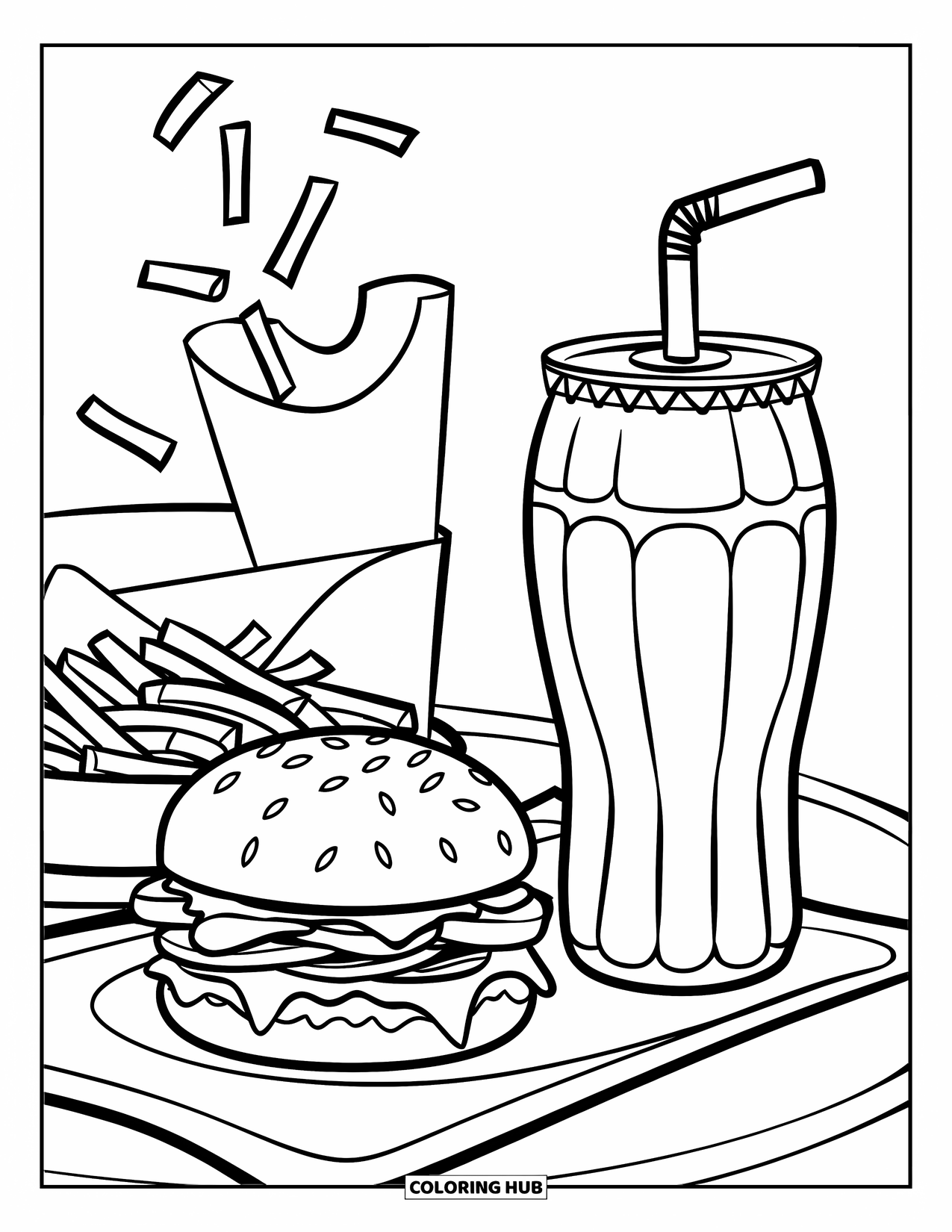 French Fries Coloring Page for Kids: A playful combo meal shows burger, fries, and soda with floating fries above