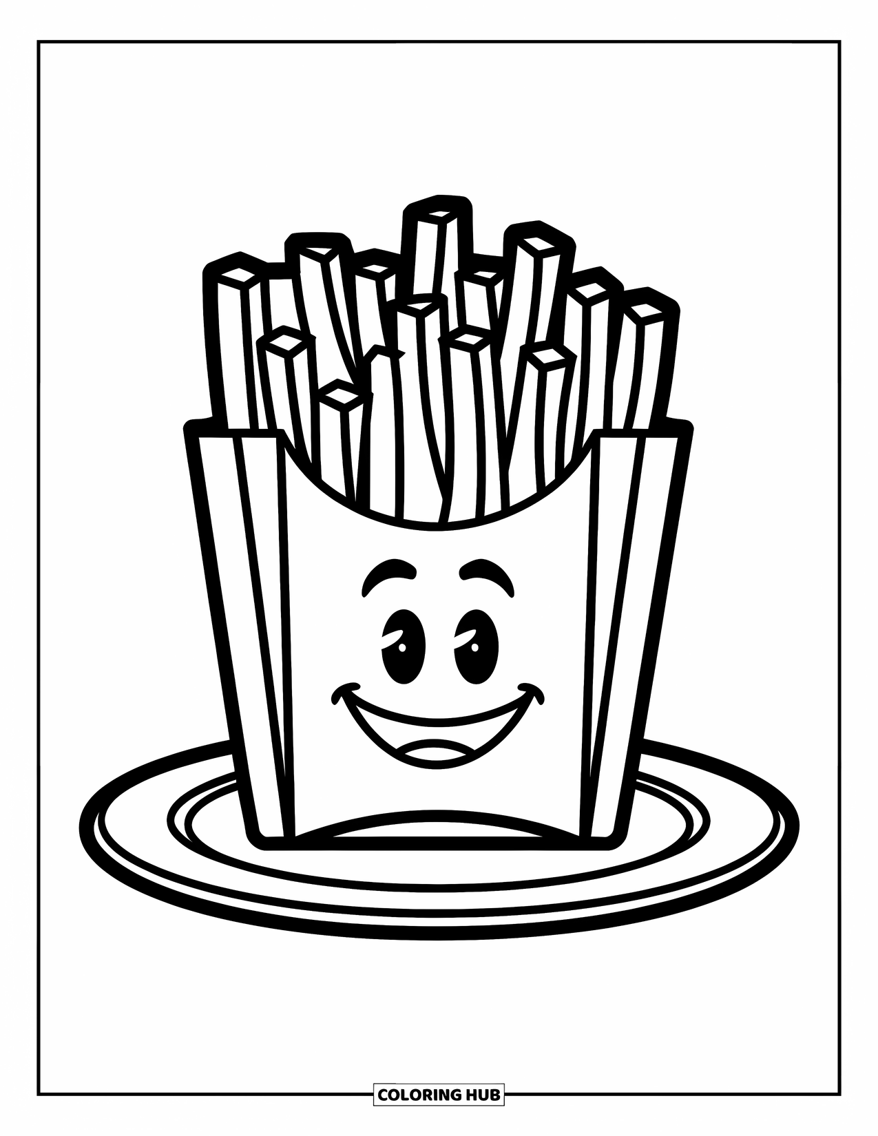 French Fries Coloring Page for Kids: A smiling cartoon fry container rests on a plate with happy, bold outlines