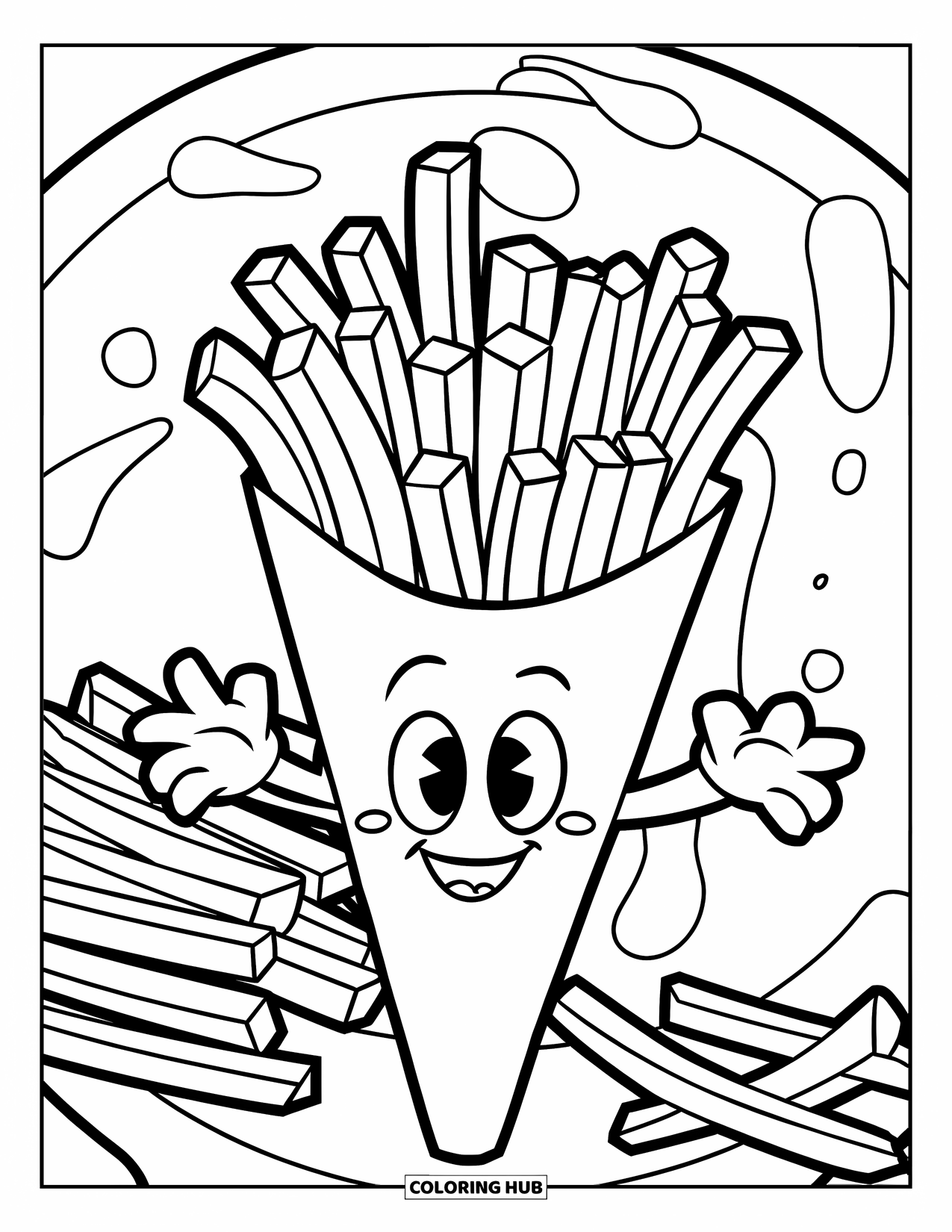 French Fries Coloring Page for Kids: A smiling character-shaped fry holder spills fries on a plate with a ketchup drop