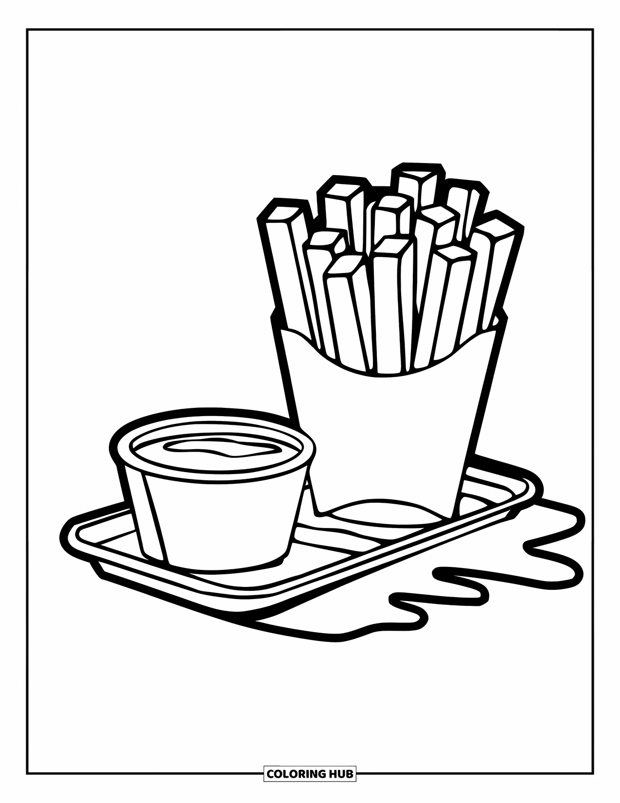 French Fries Coloring Page for Kids: A stacked tray of thick fries and dipping sauce casts a soft shadow below