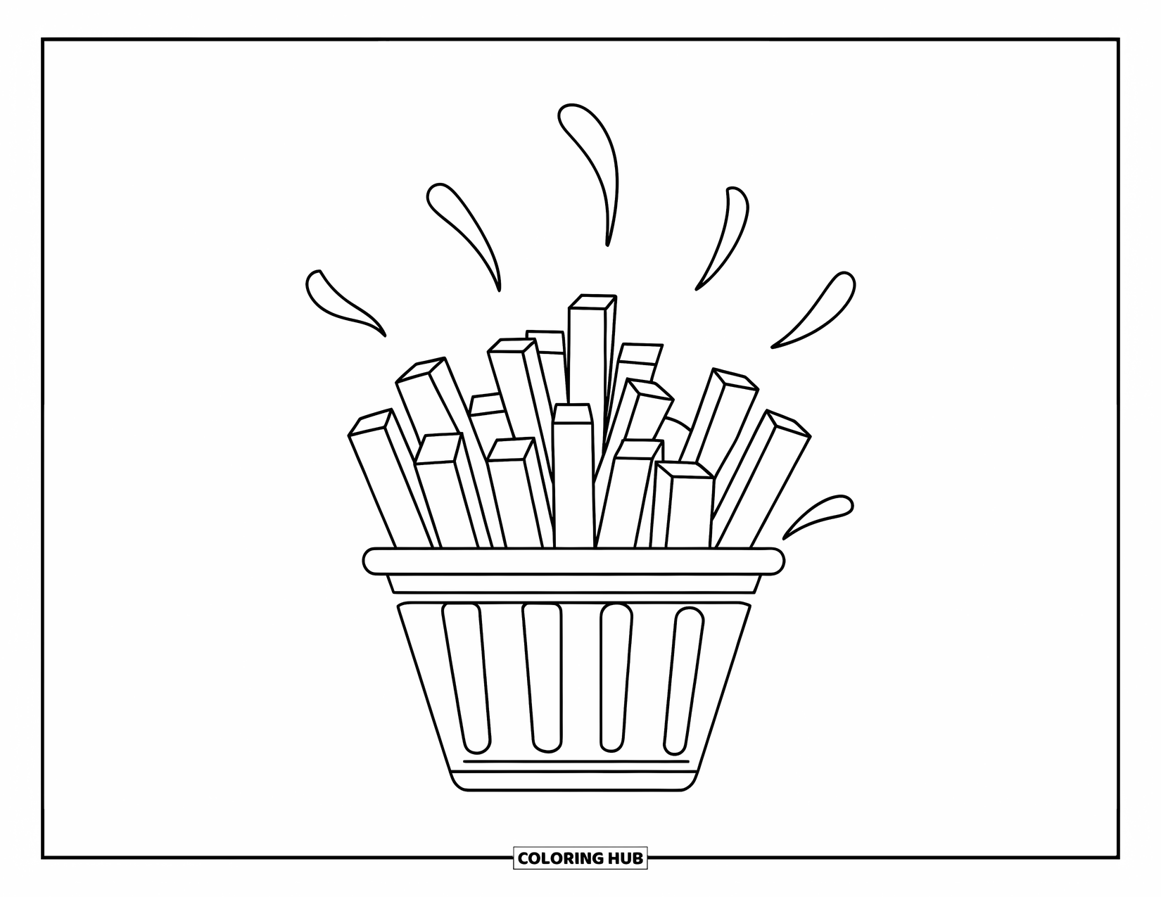 French Fries Coloring Page for Kids: A steaming basket of fries gives off cozy lines on a simple white background