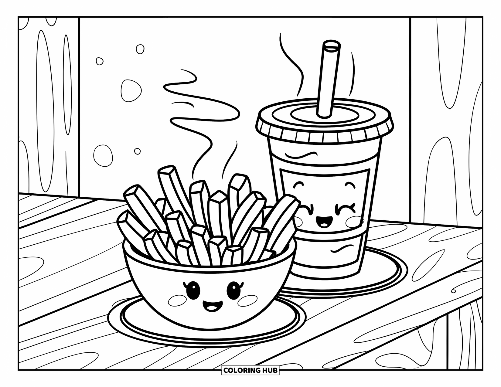 French Fries Coloring Page for Kids: A steaming drink and fries rest on a wooden table in a cute café