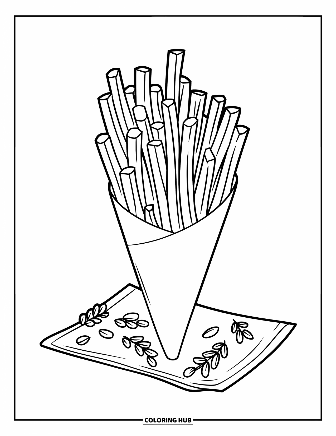 French Fries Coloring Page for Kids: A tall paper cone of fries sits on a napkin sprinkled with herbs