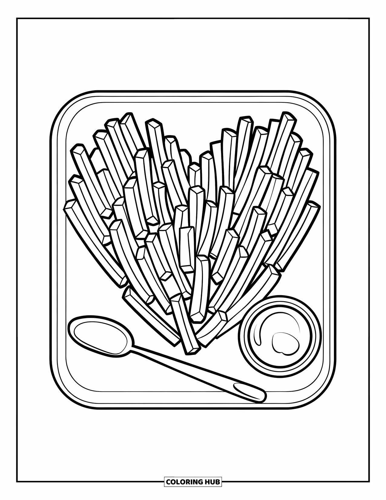 French Fries Coloring Page for Kids: A tray of thick fries is shaped like a heart beside a dipping cup