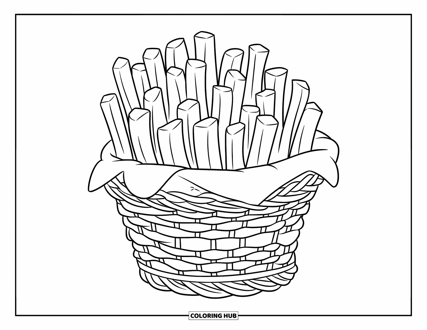 French Fries Coloring Page for Kids: A woven basket holds fries on a paper liner with a white background