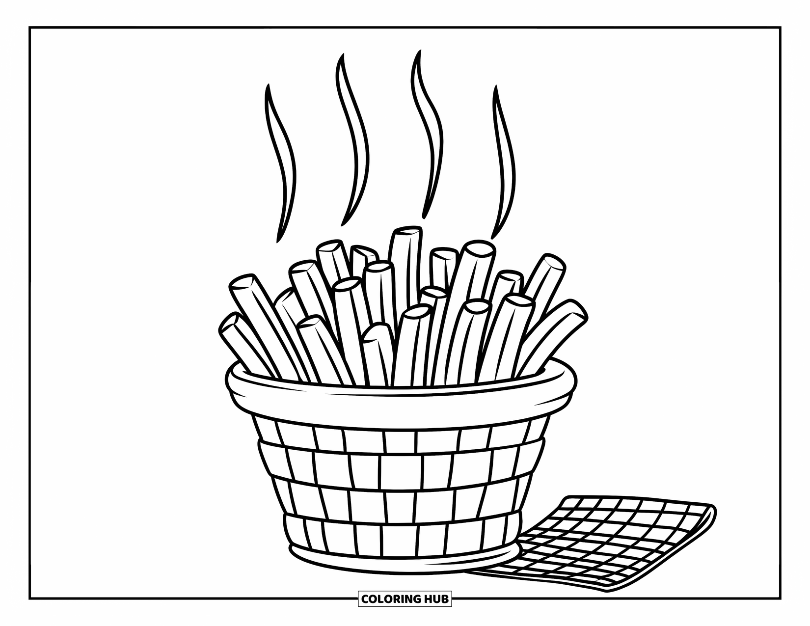 French Fries Coloring Page for Kids: A woven basket steams with fries beside a checkered napkin