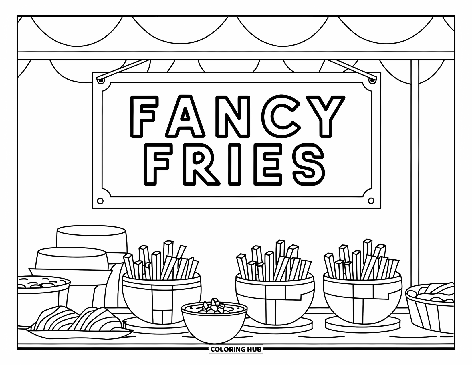 French Fries Coloring Page for Kids: Fancy fries and bowls of dips are displayed at a simple booth with a bold sign